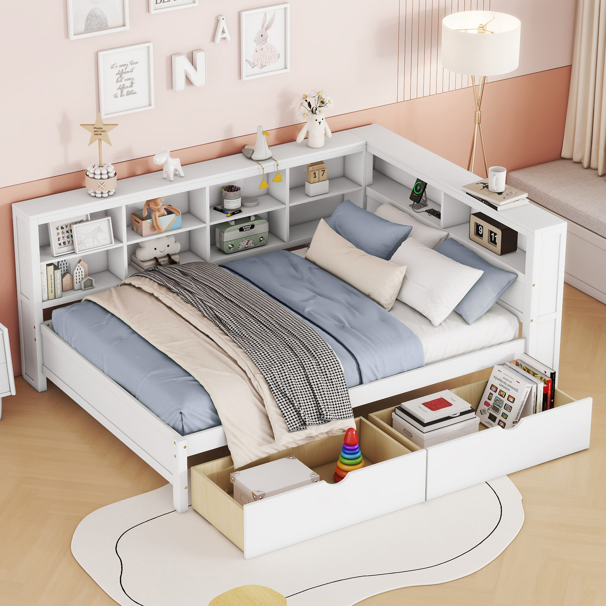 Wooden Full Size DayBed with 2 Drawers, DayBed with Storage Shelf and USB Charging Ports,White(old SKU: N733S170505K) - Image 3