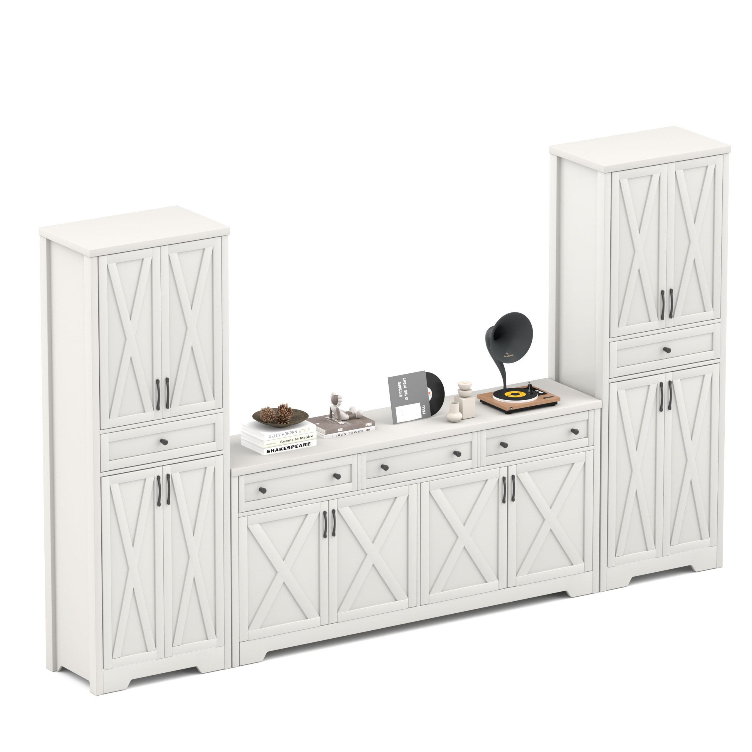 TV Cabinet Set Multifunctional TV Wall, One TV Cabinet and Two Sideboards for Living Room, White, 113.5”L x 15”W x 68”H.