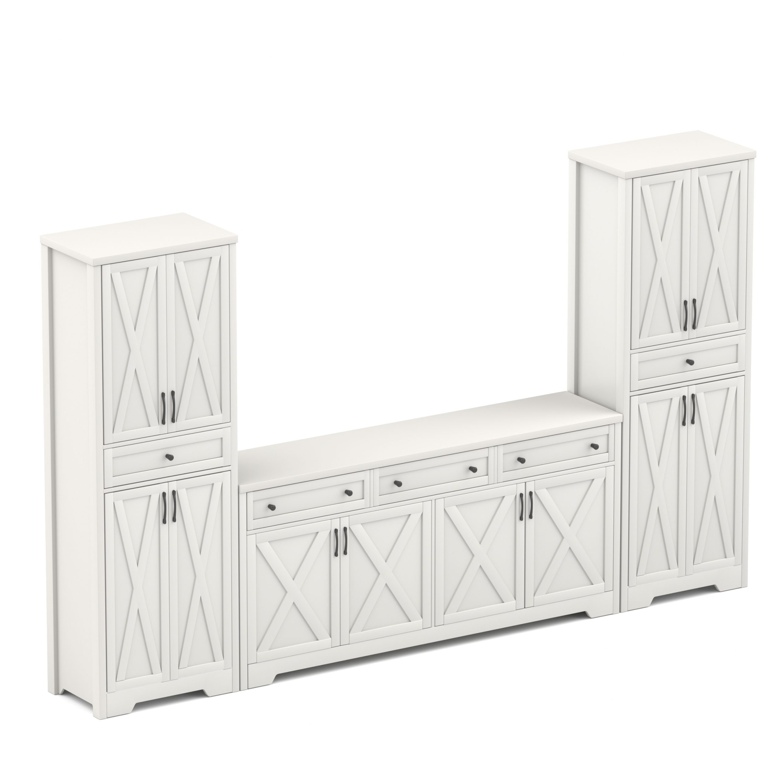 TV Cabinet Set Multifunctional TV Wall, One TV Cabinet and Two Sideboards for Living Room, White, 113.5''L x 15''W x 68''H. - Image 2