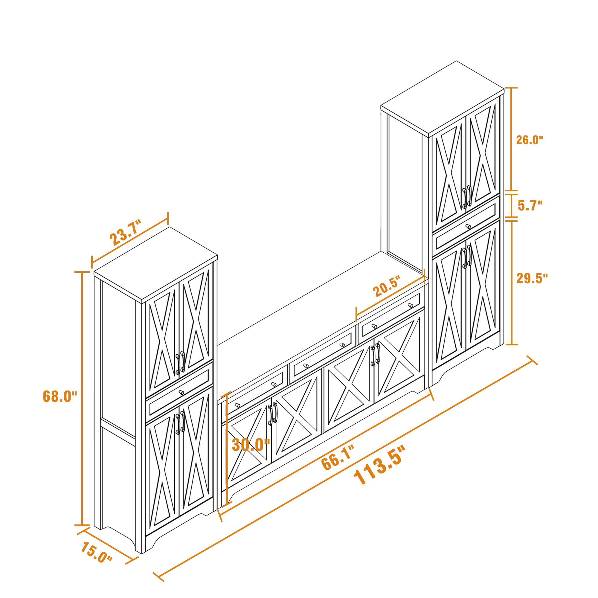 TV Cabinet Set Multifunctional TV Wall, One TV Cabinet and Two Sideboards for Living Room, White, 113.5''L x 15''W x 68''H. - Image 4