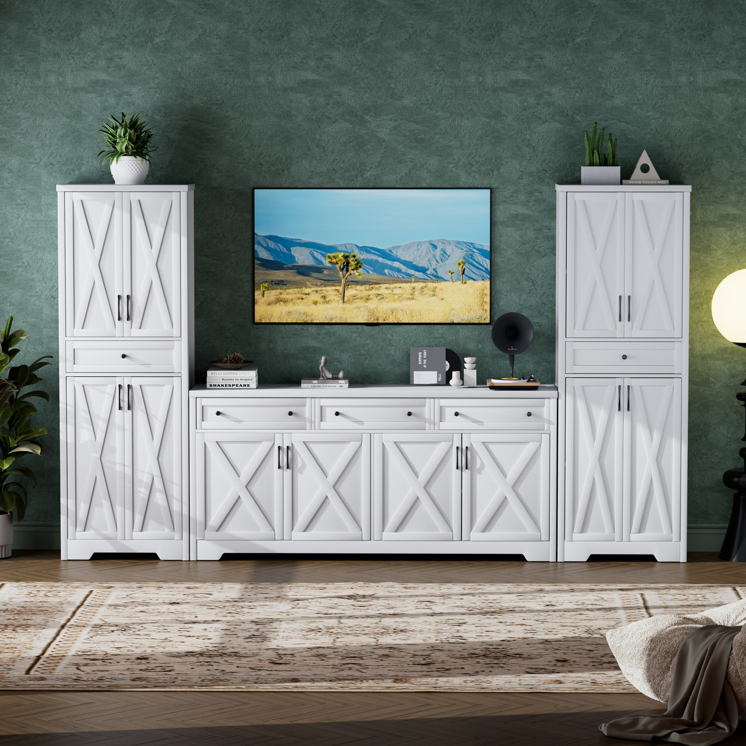 TV Cabinet Set Multifunctional TV Wall, One TV Cabinet and Two Sideboards for Living Room, White, 113.5''L x 15''W x 68''H. - Image 5