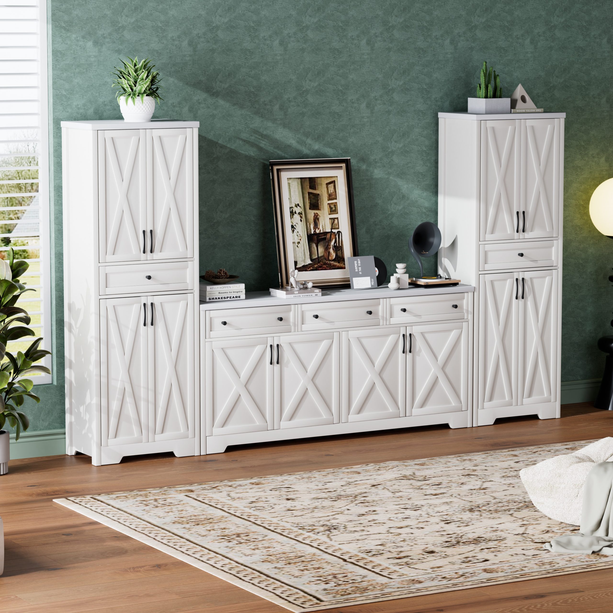 TV Cabinet Set Multifunctional TV Wall, One TV Cabinet and Two Sideboards for Living Room, White, 113.5''L x 15''W x 68''H. - Image 6