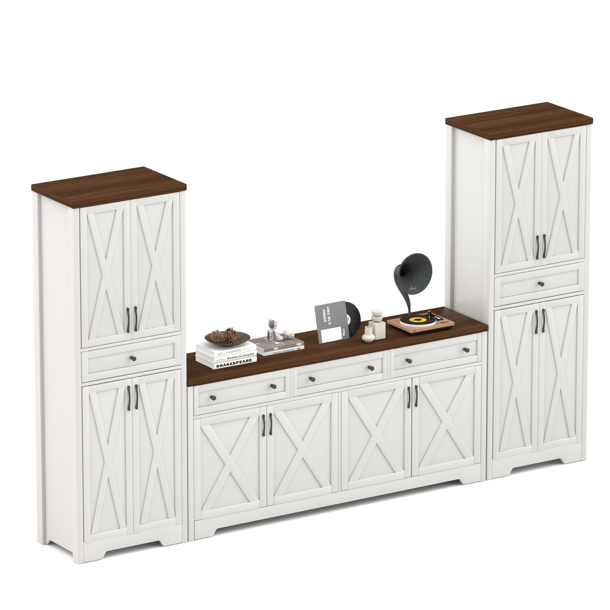 TV Cabinet Set Multifunctional TV Wall, One TV Cabinet and Two Sideboards for Living Room, White+Walnut, 113.5”L x 15”W x 68”H.