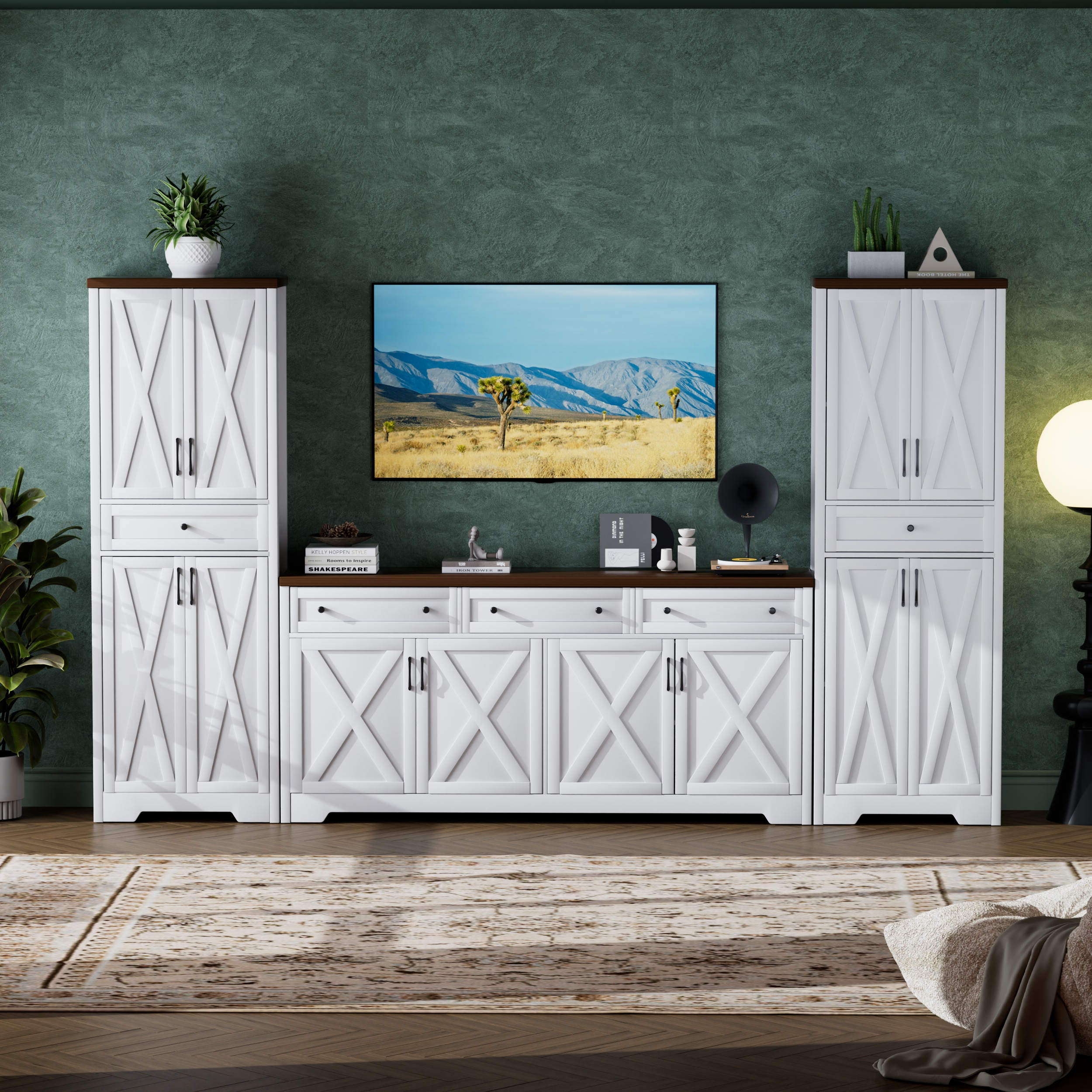 TV Cabinet Set Multifunctional TV Wall, One TV Cabinet and Two Sideboards for Living Room, White+Walnut, 113.5''L x 15''W x 68''H. - Image 5