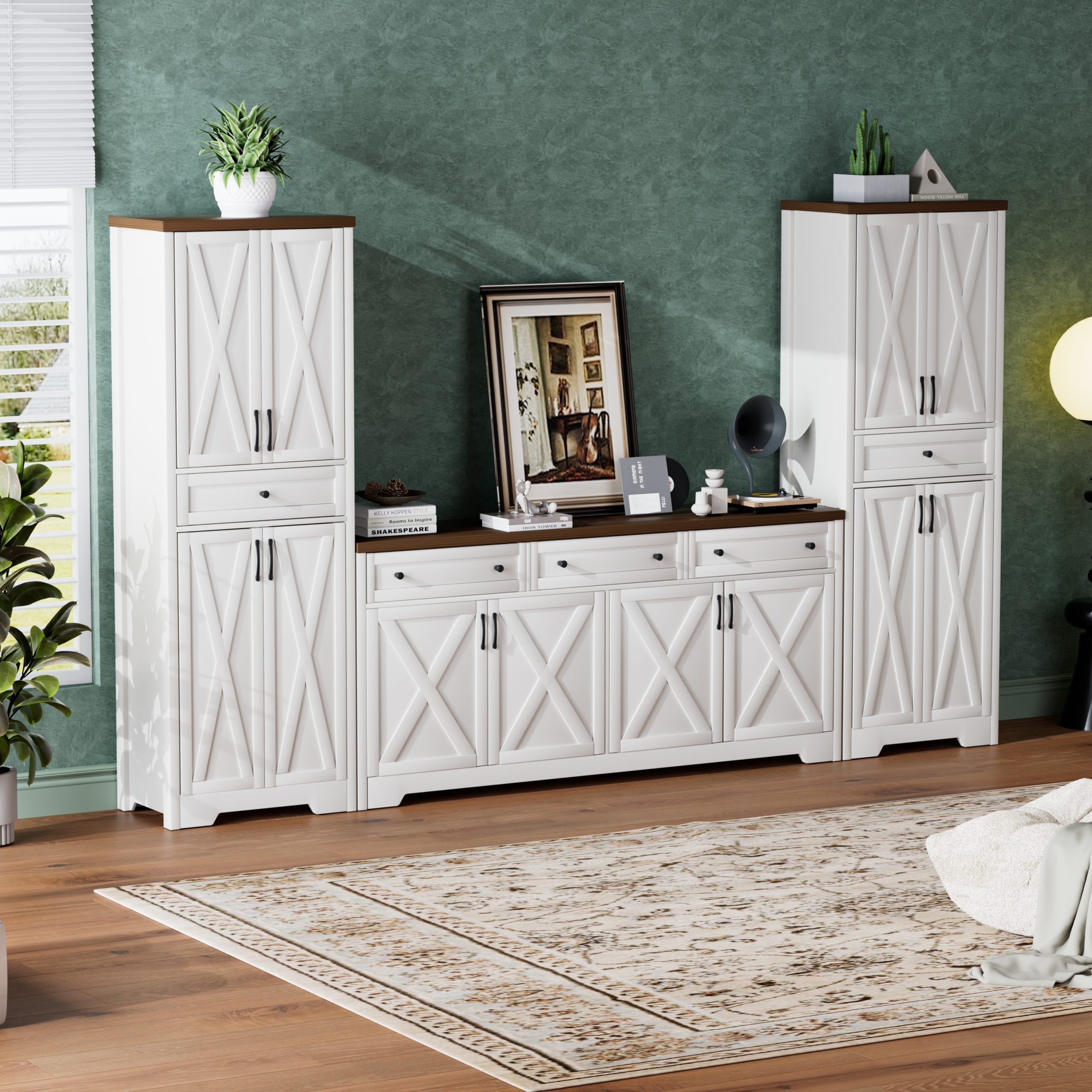 TV Cabinet Set Multifunctional TV Wall, One TV Cabinet and Two Sideboards for Living Room, White+Walnut, 113.5''L x 15''W x 68''H. - Image 6