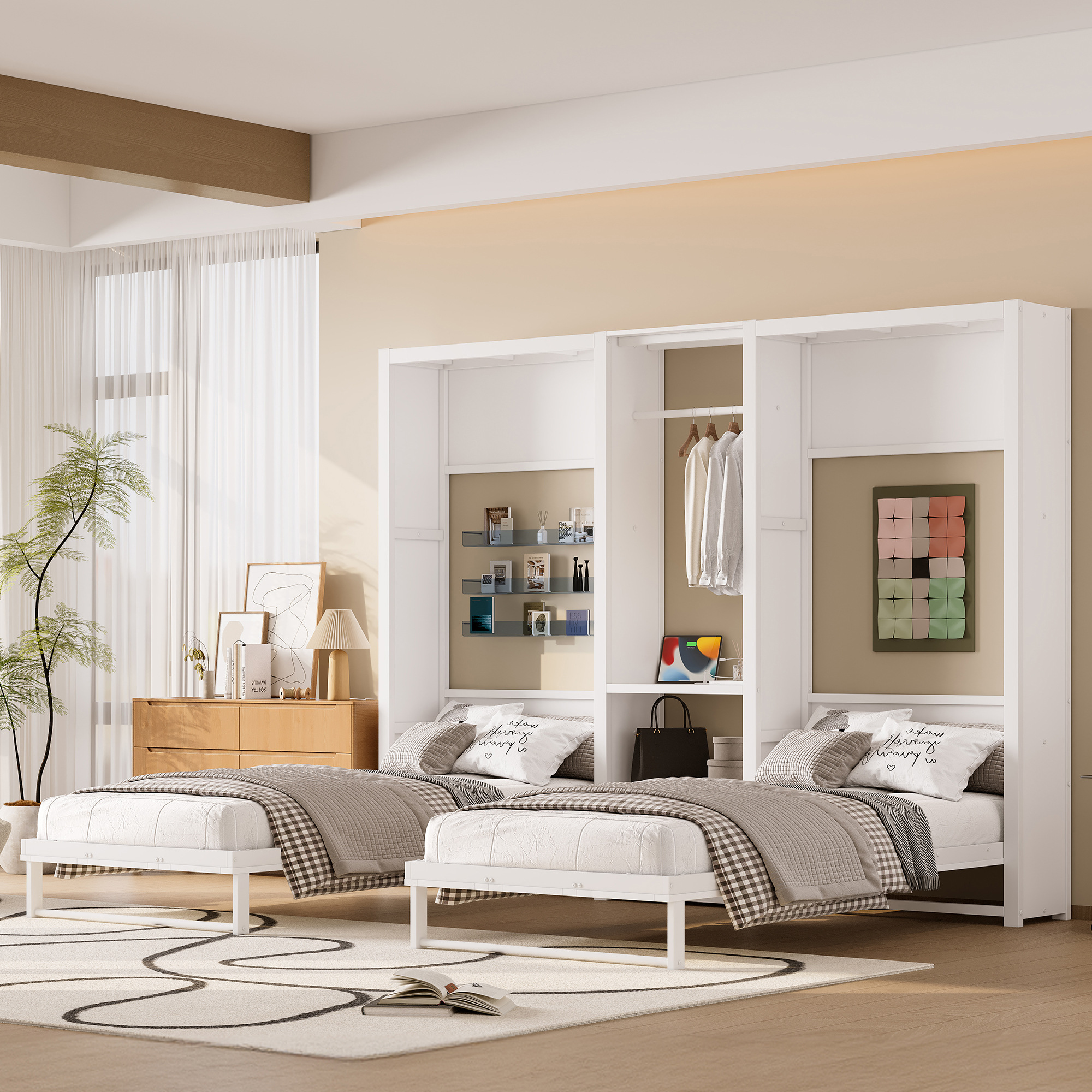 Twin and Twin Murphy Bed, Metal Foldable Murphy Bed with Wardrobe, Shelves and Power Outlets, 2 in 1 Design, Space-saving, White - Image 1