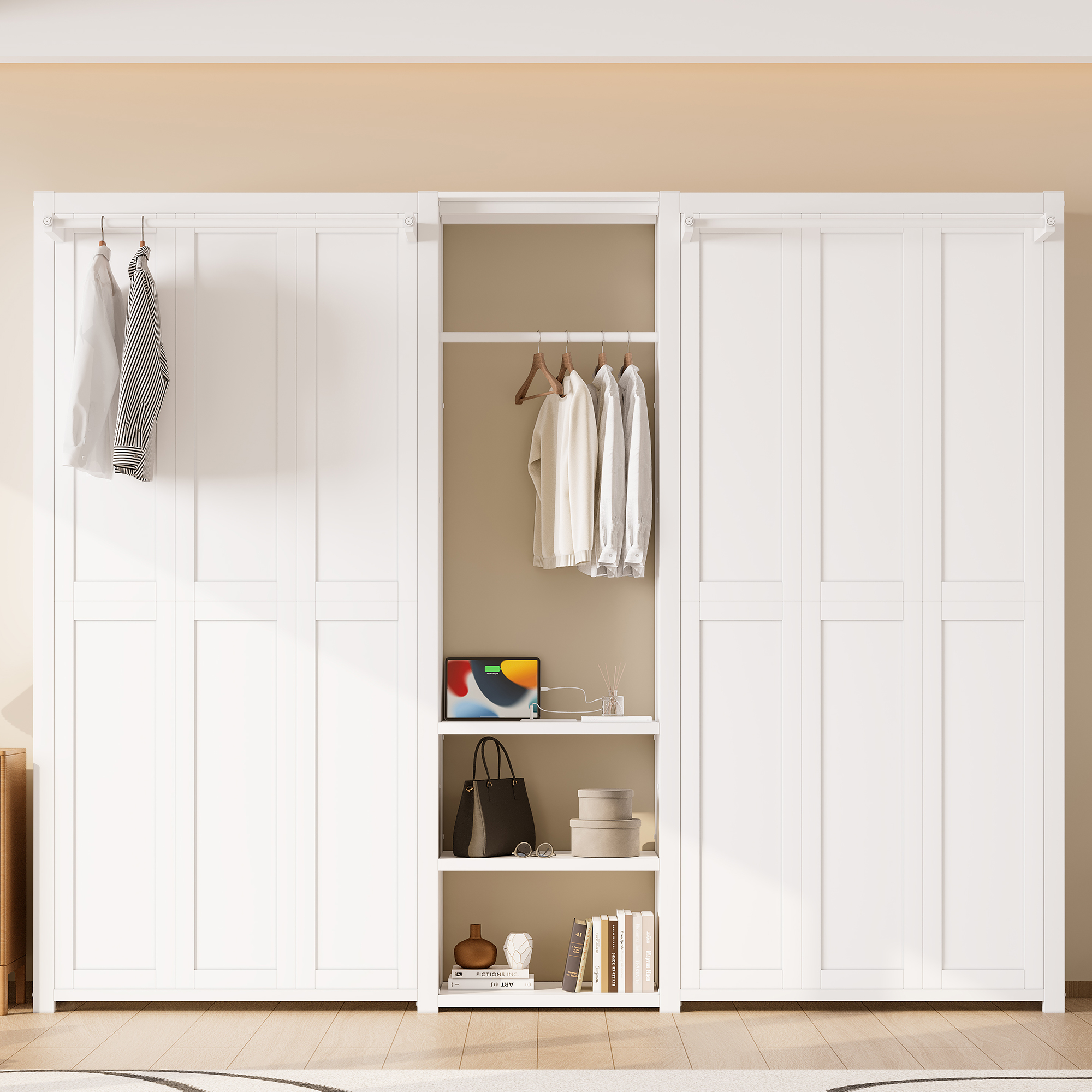 Twin and Twin Murphy Bed, Metal Foldable Murphy Bed with Wardrobe, Shelves and Power Outlets, 2 in 1 Design, Space-saving, White - Image 2