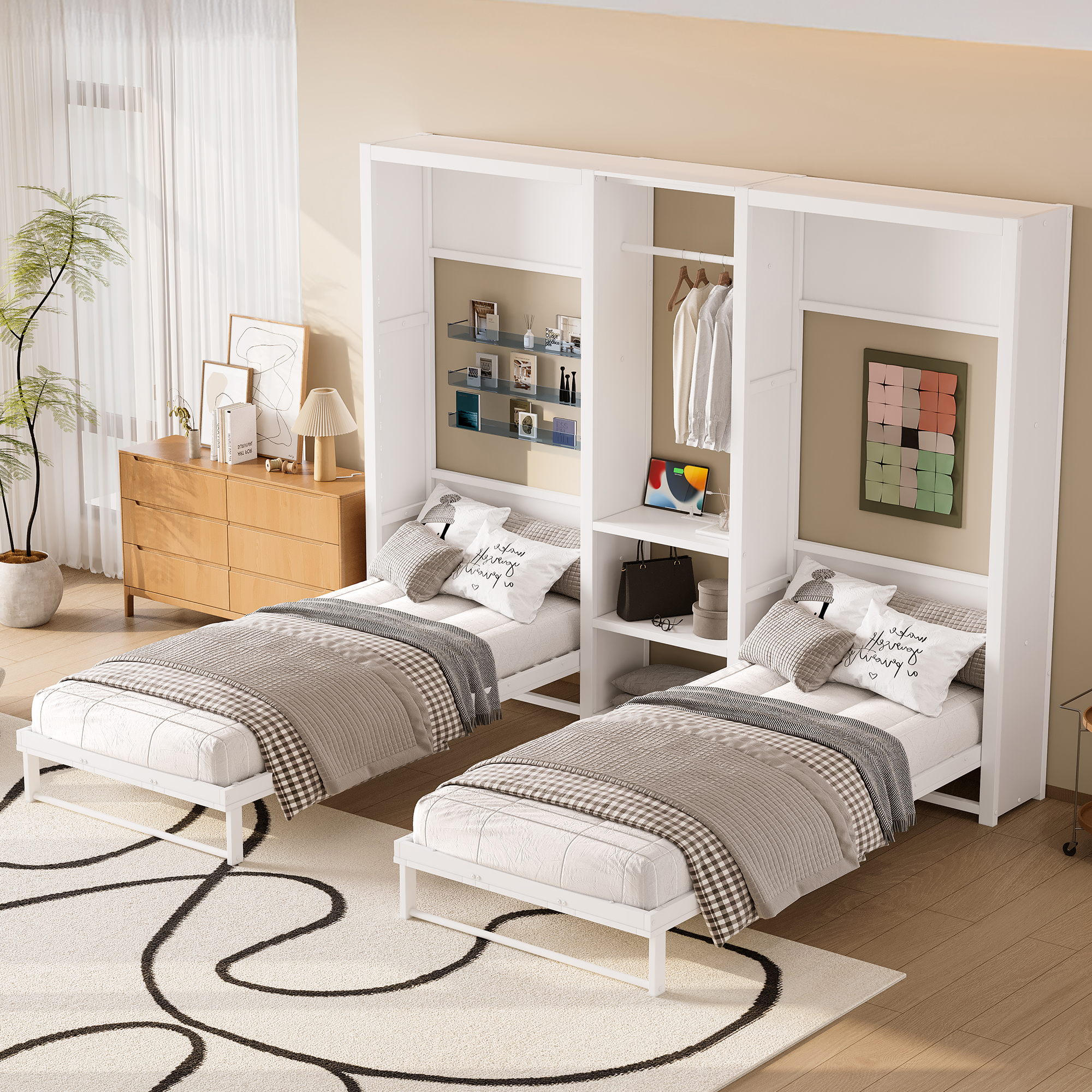 Twin and Twin Murphy Bed, Metal Foldable Murphy Bed with Wardrobe, Shelves and Power Outlets, 2 in 1 Design, Space-saving, White - Image 3