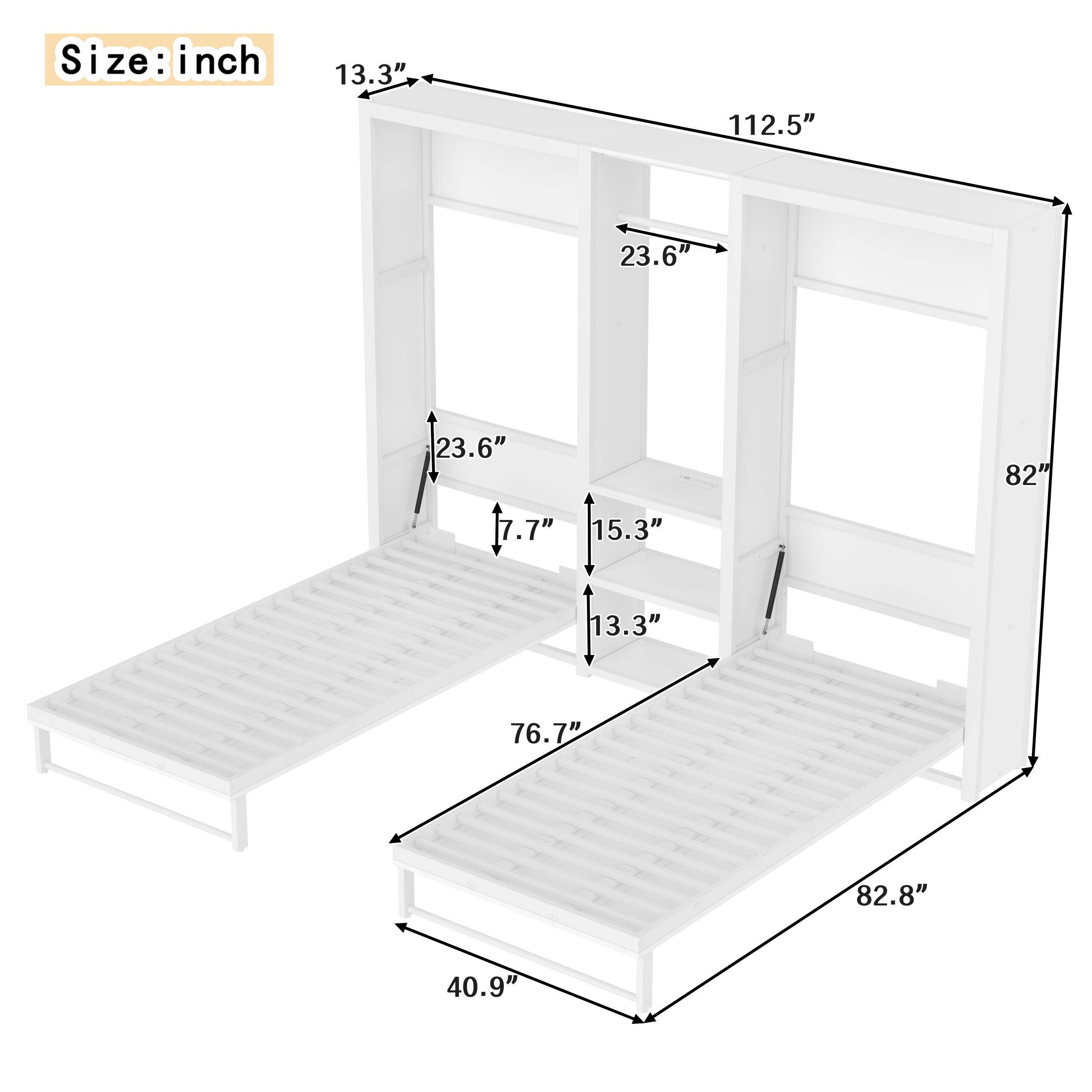 Twin and Twin Murphy Bed, Metal Foldable Murphy Bed with Wardrobe, Shelves and Power Outlets, 2 in 1 Design, Space-saving, White - Image 4