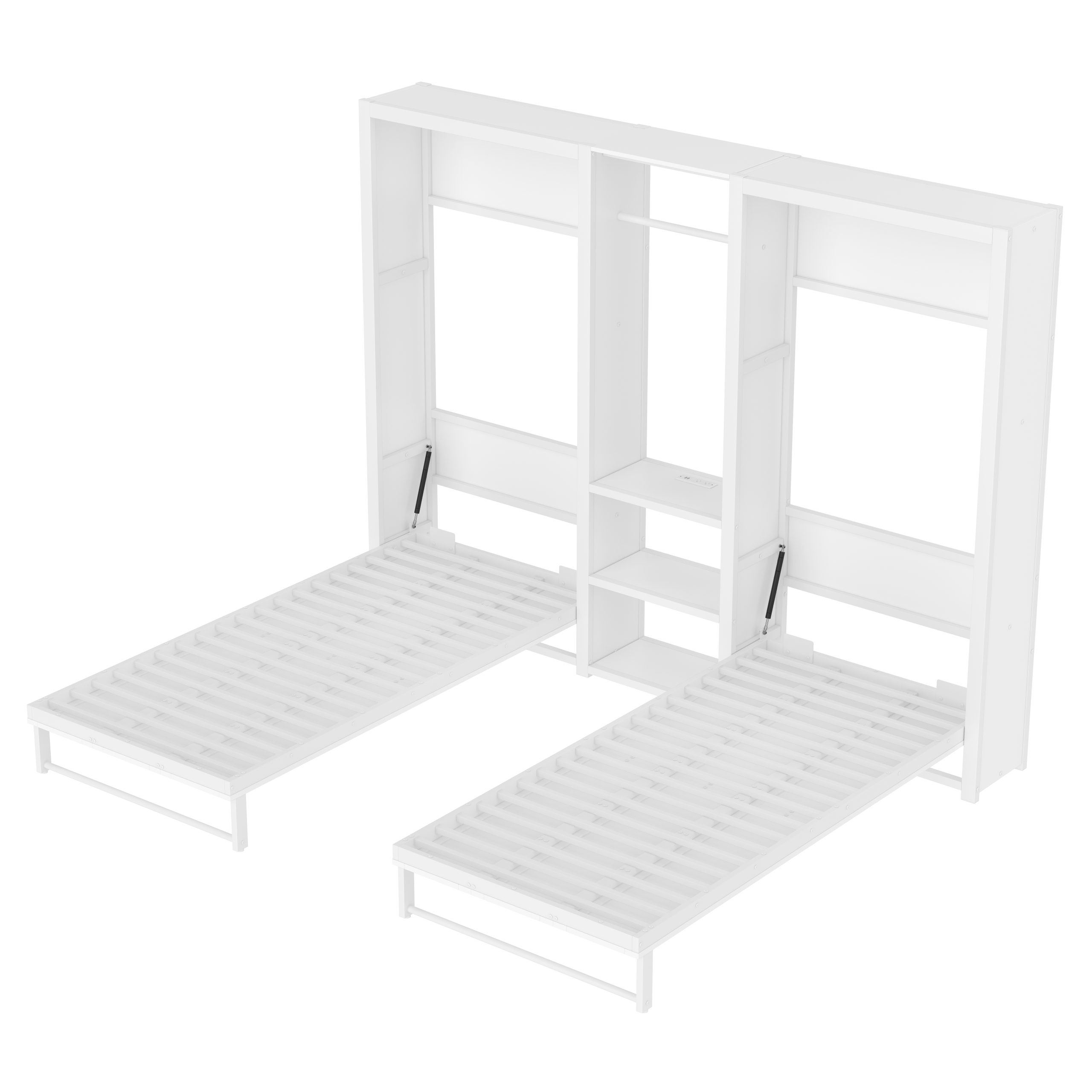 Twin and Twin Murphy Bed, Metal Foldable Murphy Bed with Wardrobe, Shelves and Power Outlets, 2 in 1 Design, Space-saving, White - Image 5