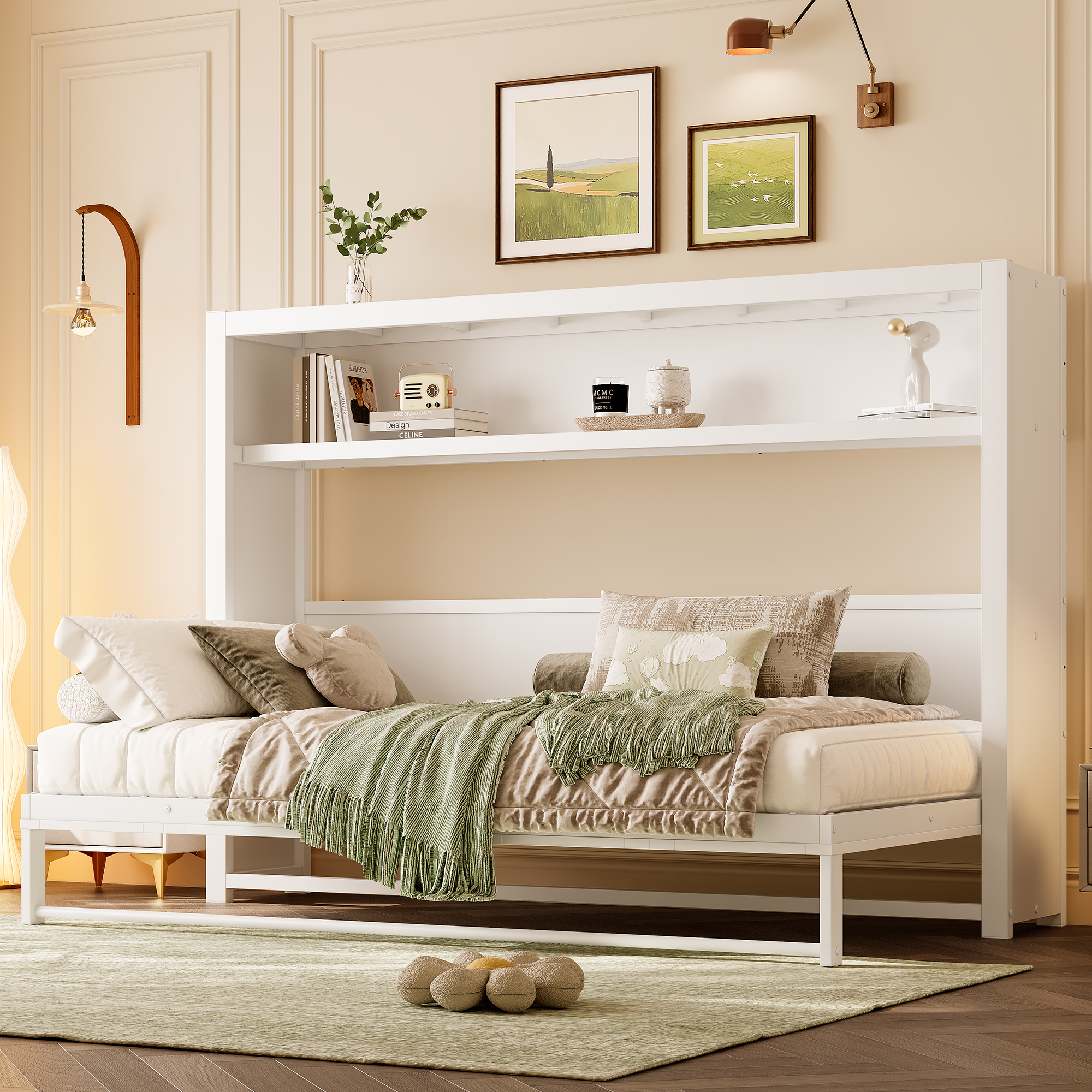 Twin Size Murphy Bed with Shelves, Metal Wall Bed with Foldable and Space-saving Design, White - Image 1