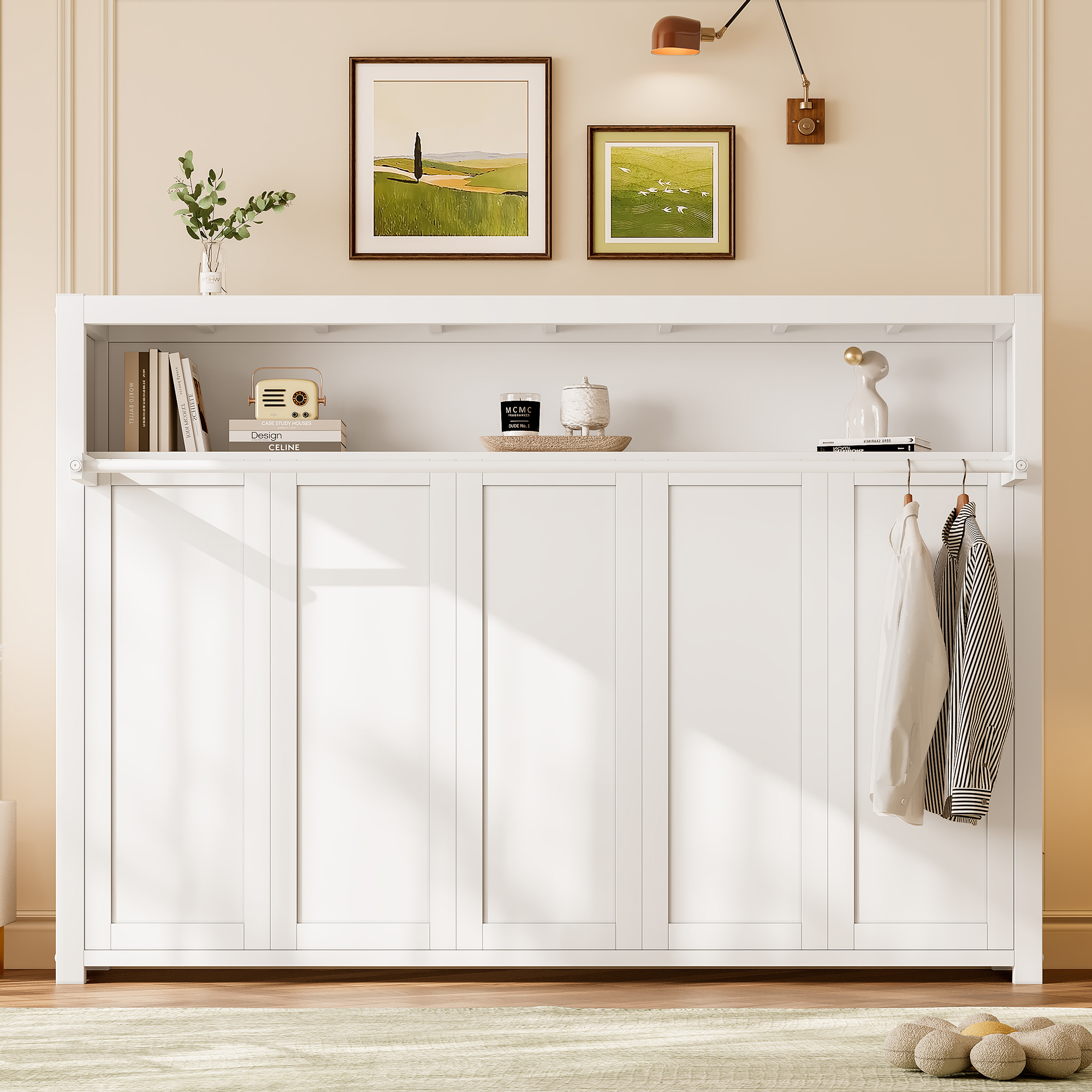 Twin Size Murphy Bed with Shelves, Metal Wall Bed with Foldable and Space-saving Design, White - Image 2
