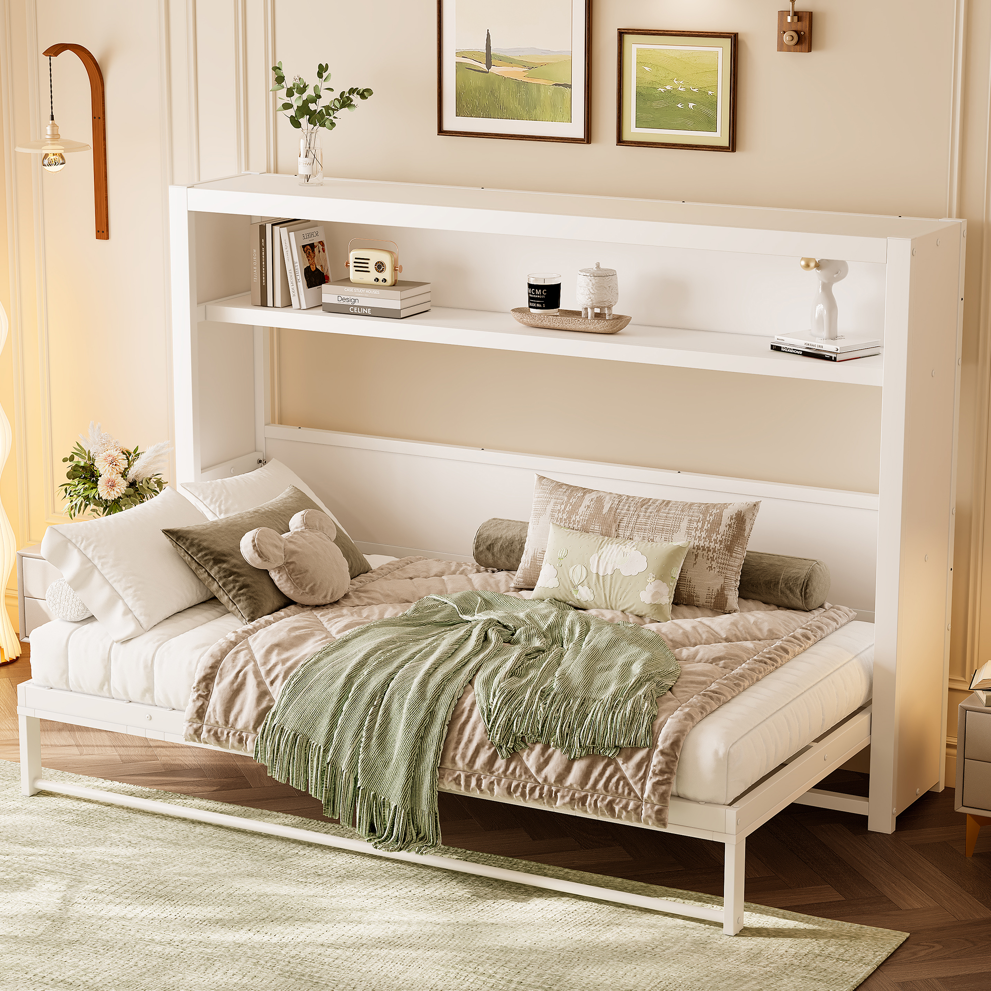 Twin Size Murphy Bed with Shelves, Metal Wall Bed with Foldable and Space-saving Design, White - Image 3