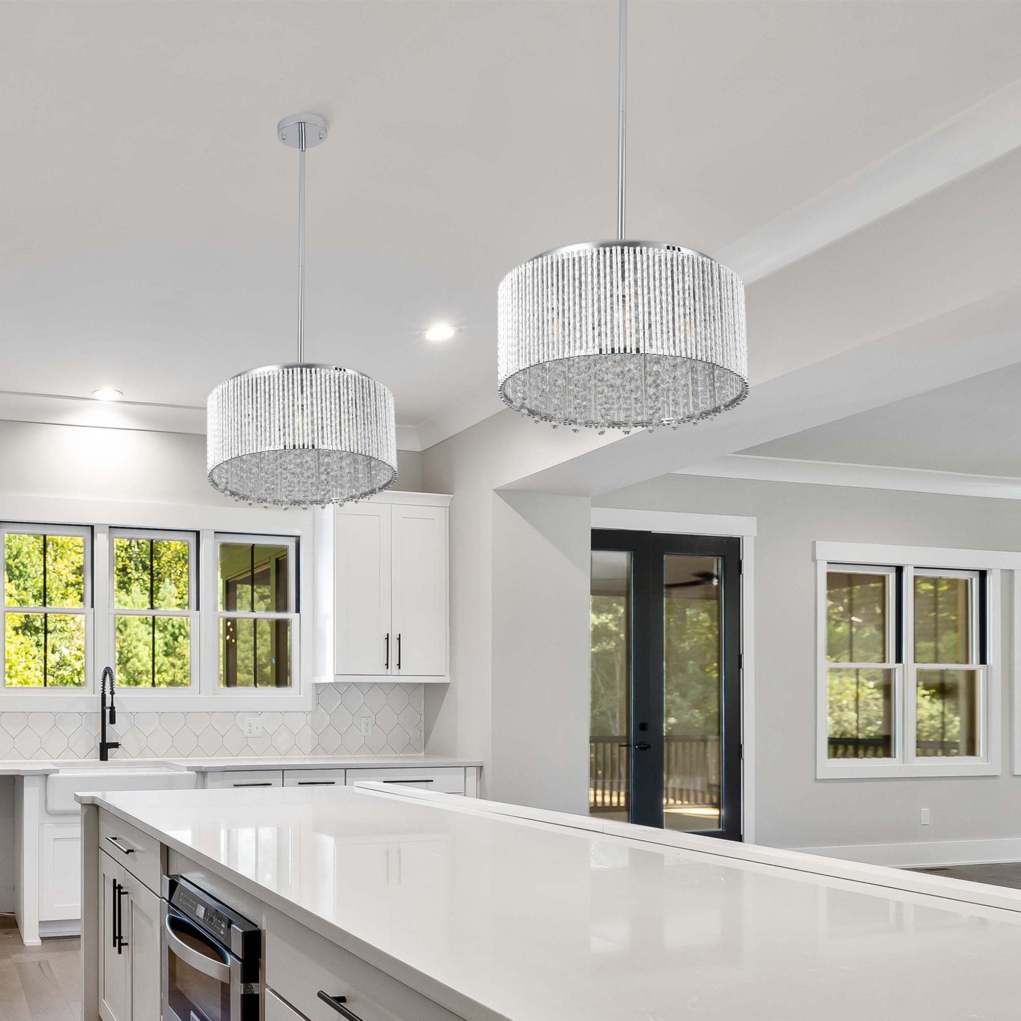 16" Elegant Crystal Pendant Chandelier with Chrome Finish – 7-Light Drum Light Fixture with Clear Crystal Strands for Dining Room, Living Room, or Bedroom (Bulb Not Included) - Image 3