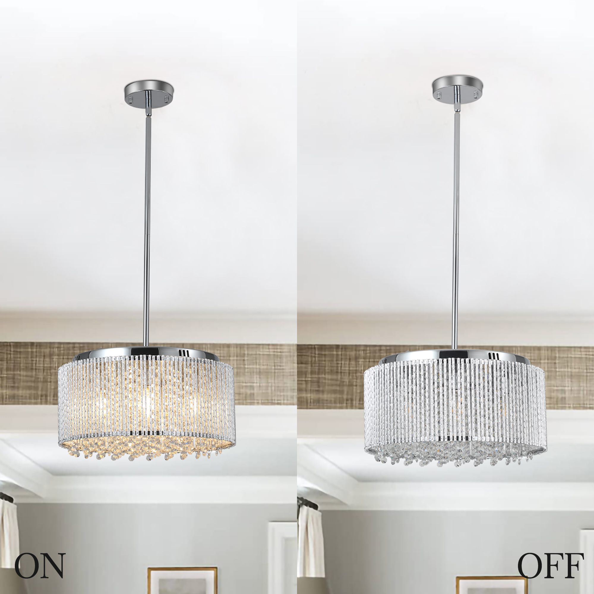 16" Elegant Crystal Pendant Chandelier with Chrome Finish – 7-Light Drum Light Fixture with Clear Crystal Strands for Dining Room, Living Room, or Bedroom (Bulb Not Included) - Image 4