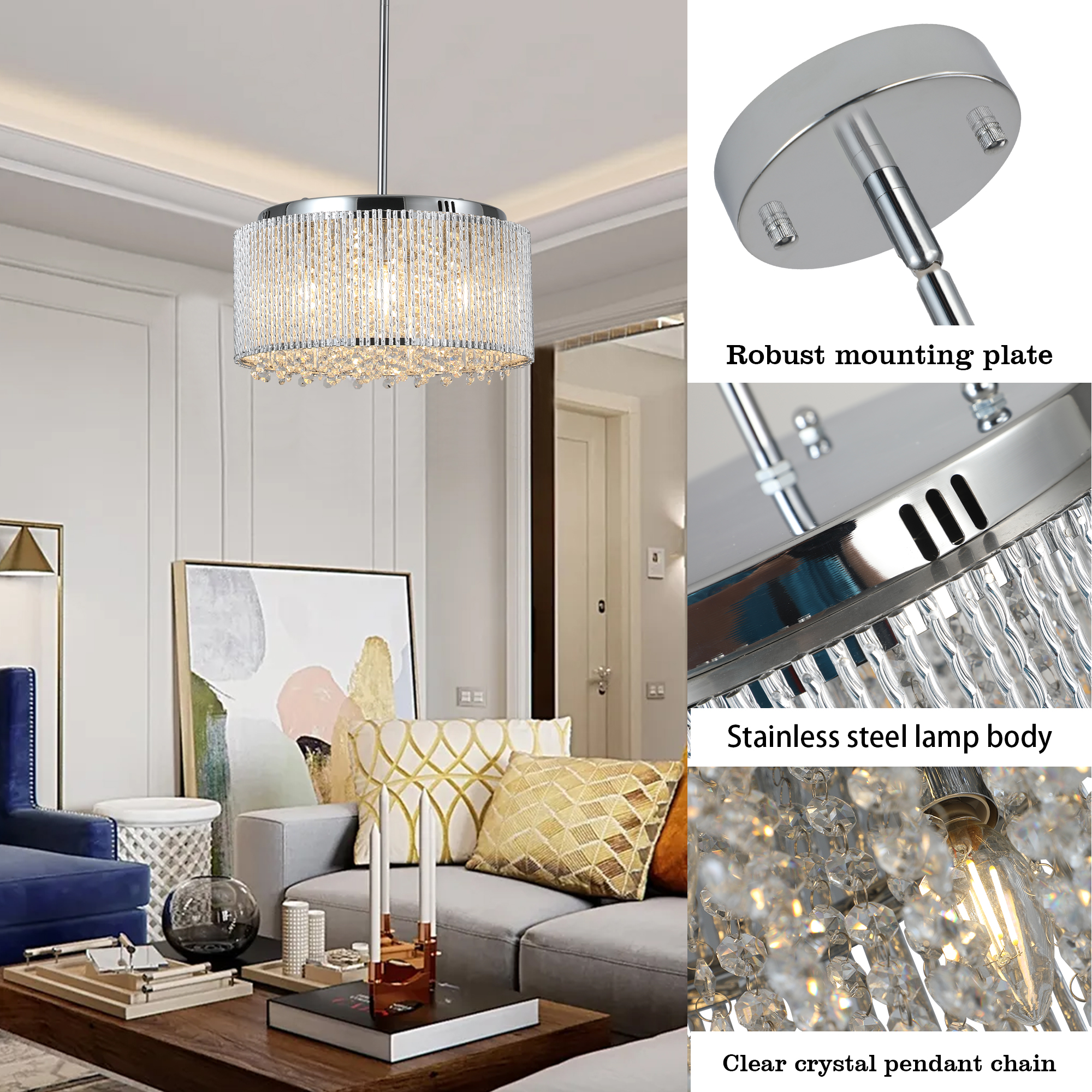 16" Elegant Crystal Pendant Chandelier with Chrome Finish – 7-Light Drum Light Fixture with Clear Crystal Strands for Dining Room, Living Room, or Bedroom (Bulb Not Included) - Image 5