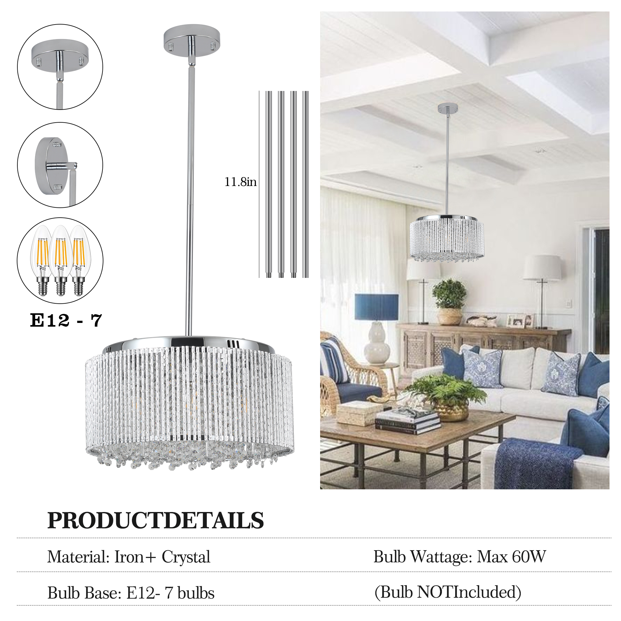 16" Elegant Crystal Pendant Chandelier with Chrome Finish – 7-Light Drum Light Fixture with Clear Crystal Strands for Dining Room, Living Room, or Bedroom (Bulb Not Included) - Image 6