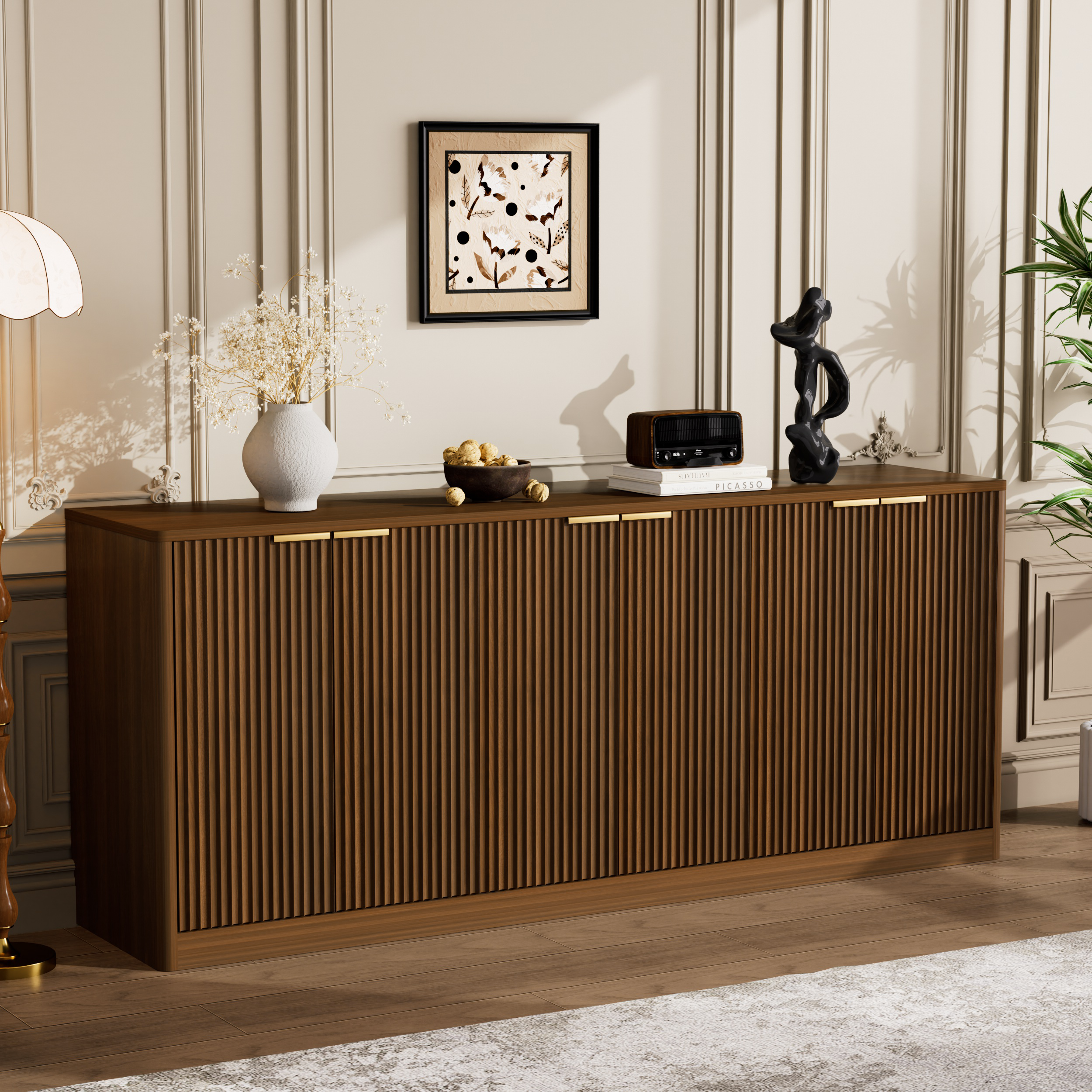 67-inch modern wavy sideboard, curved contour design storage cabinet, 6-door cabinet with storage function, suitable for kitchen / bedroom / living room, Walnut, 67.0"L x 15.7"W x 27.7"H - Image 2