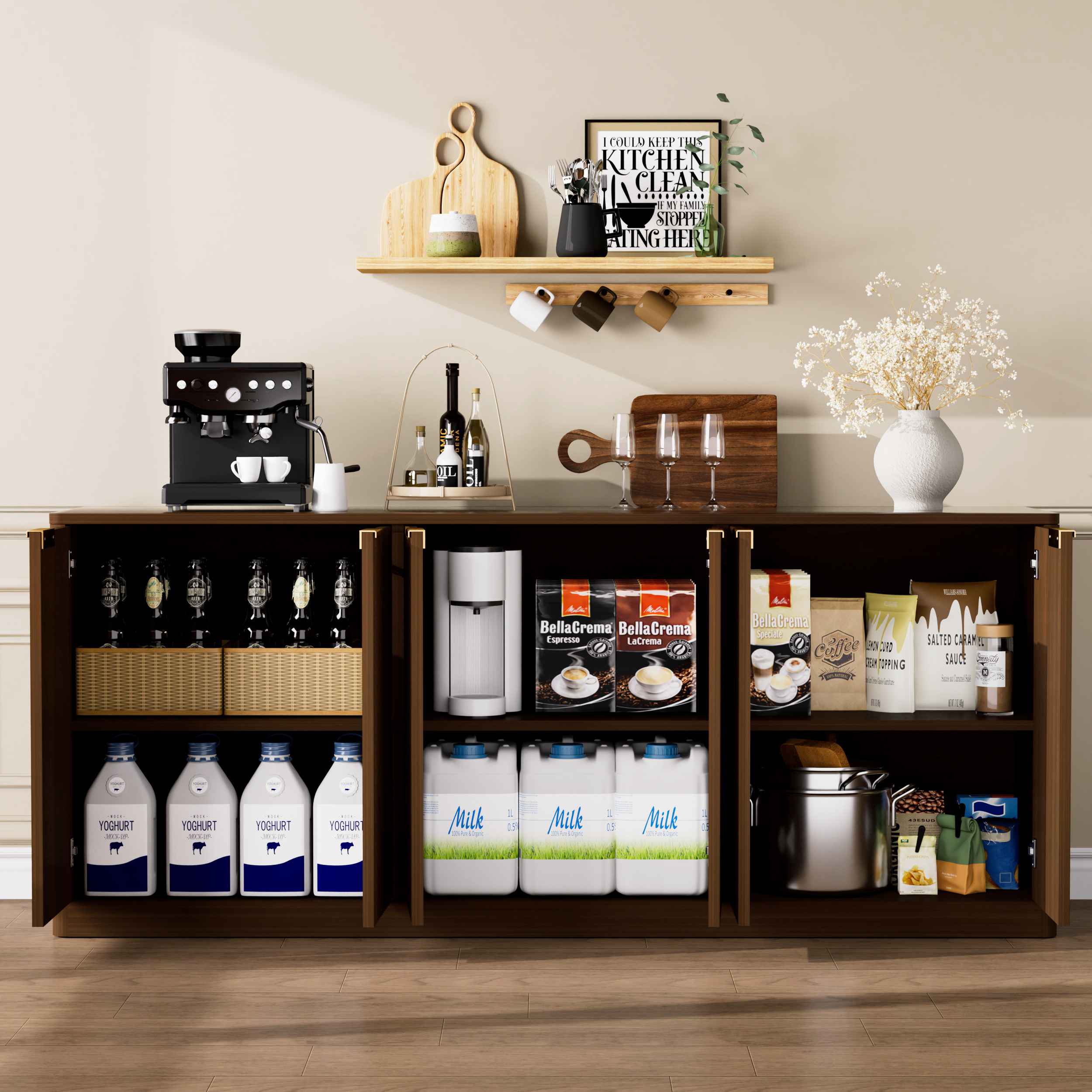 67-inch modern wavy sideboard, curved contour design storage cabinet, 6-door cabinet with storage function, suitable for kitchen / bedroom / living room, Walnut, 67.0"L x 15.7"W x 27.7"H - Image 3