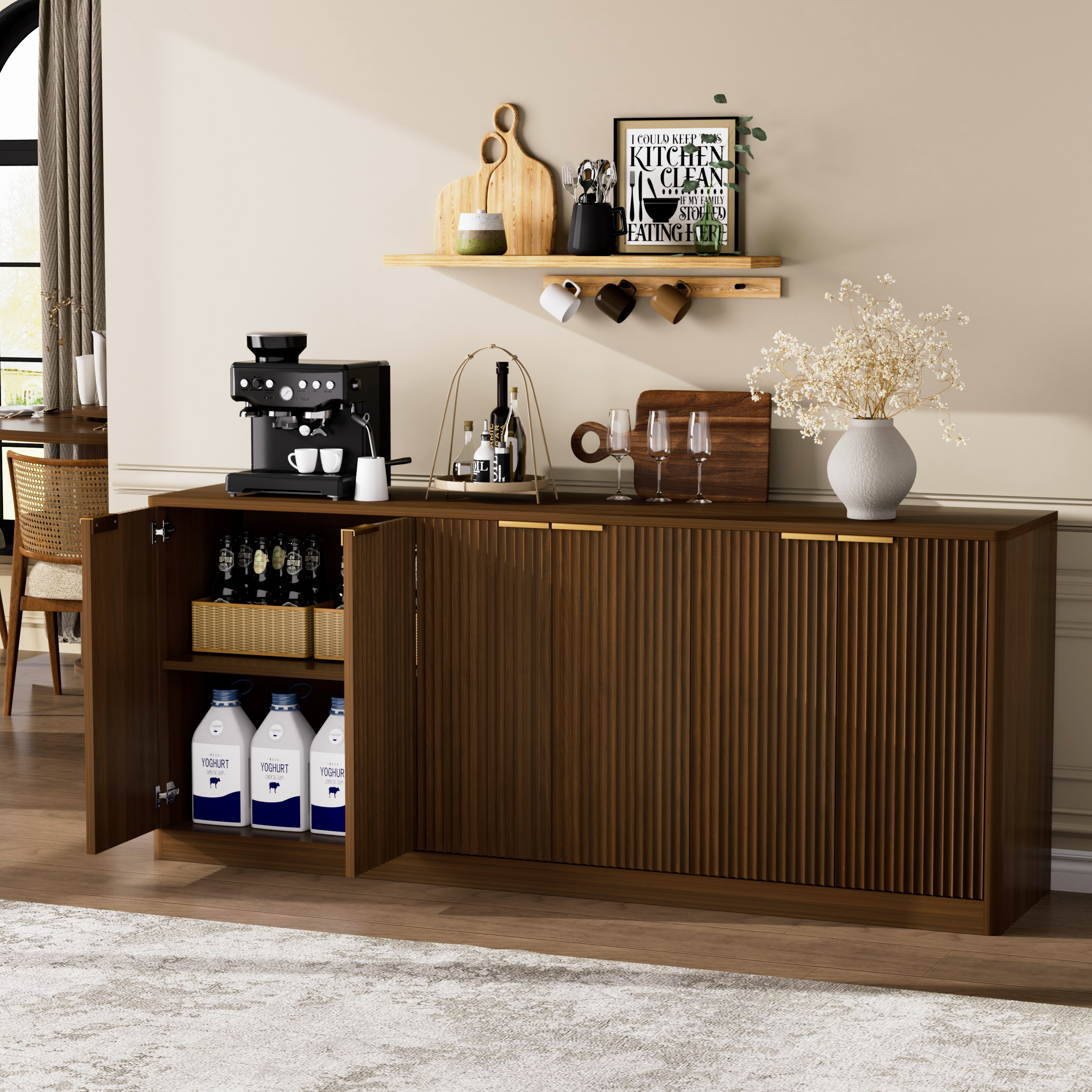 67-inch modern wavy sideboard, curved contour design storage cabinet, 6-door cabinet with storage function, suitable for kitchen / bedroom / living room, Walnut, 67.0"L x 15.7"W x 27.7"H - Image 4
