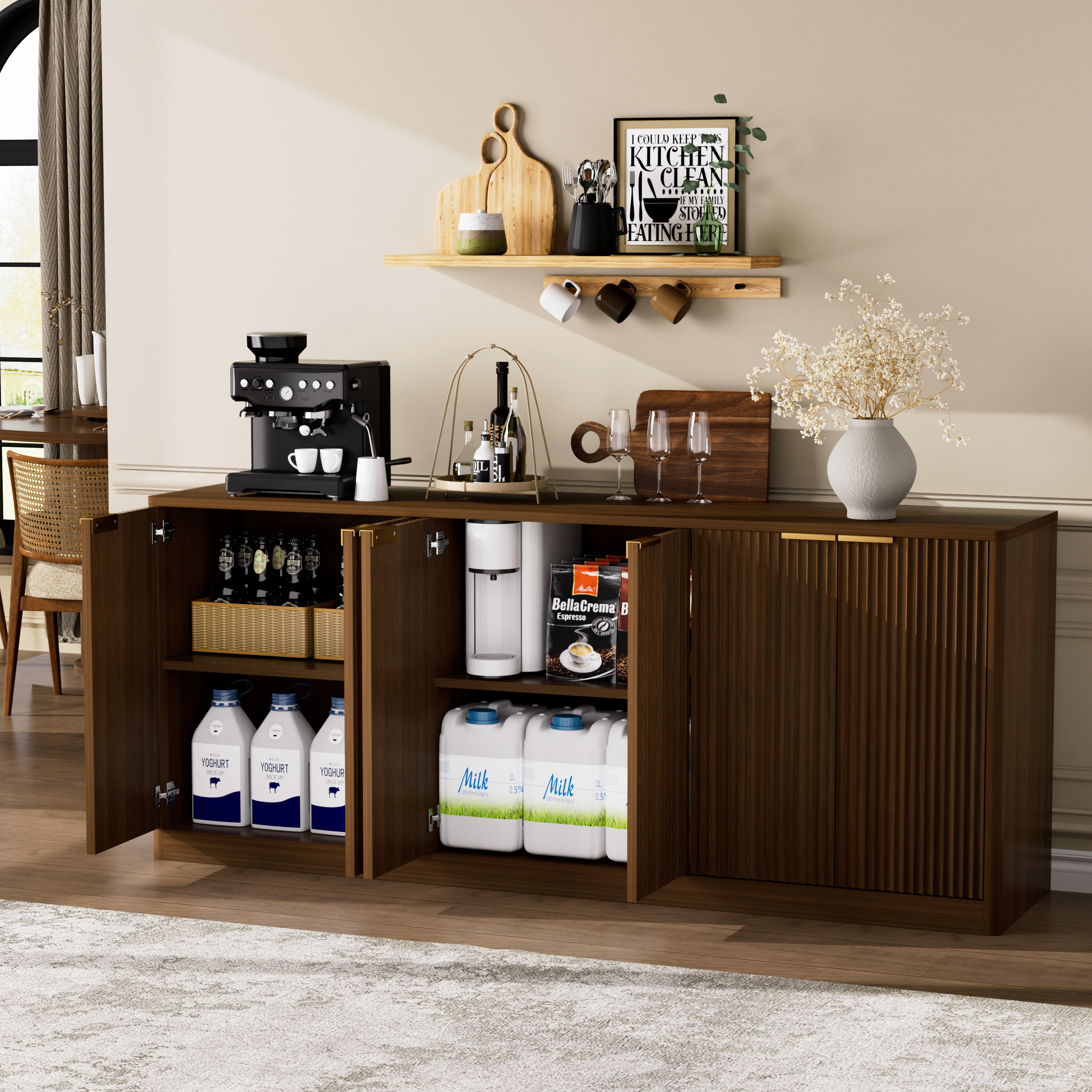 67-inch modern wavy sideboard, curved contour design storage cabinet, 6-door cabinet with storage function, suitable for kitchen / bedroom / living room, Walnut, 67.0"L x 15.7"W x 27.7"H - Image 5