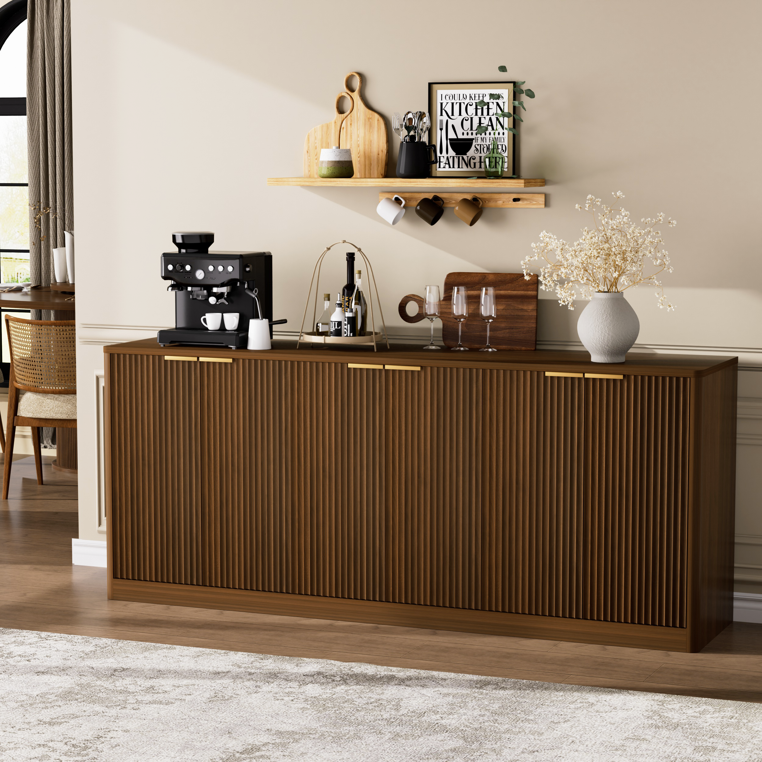 67-inch modern wavy sideboard, curved contour design storage cabinet, 6-door cabinet with storage function, suitable for kitchen / bedroom / living room, Walnut, 67.0"L x 15.7"W x 27.7"H - Image 6