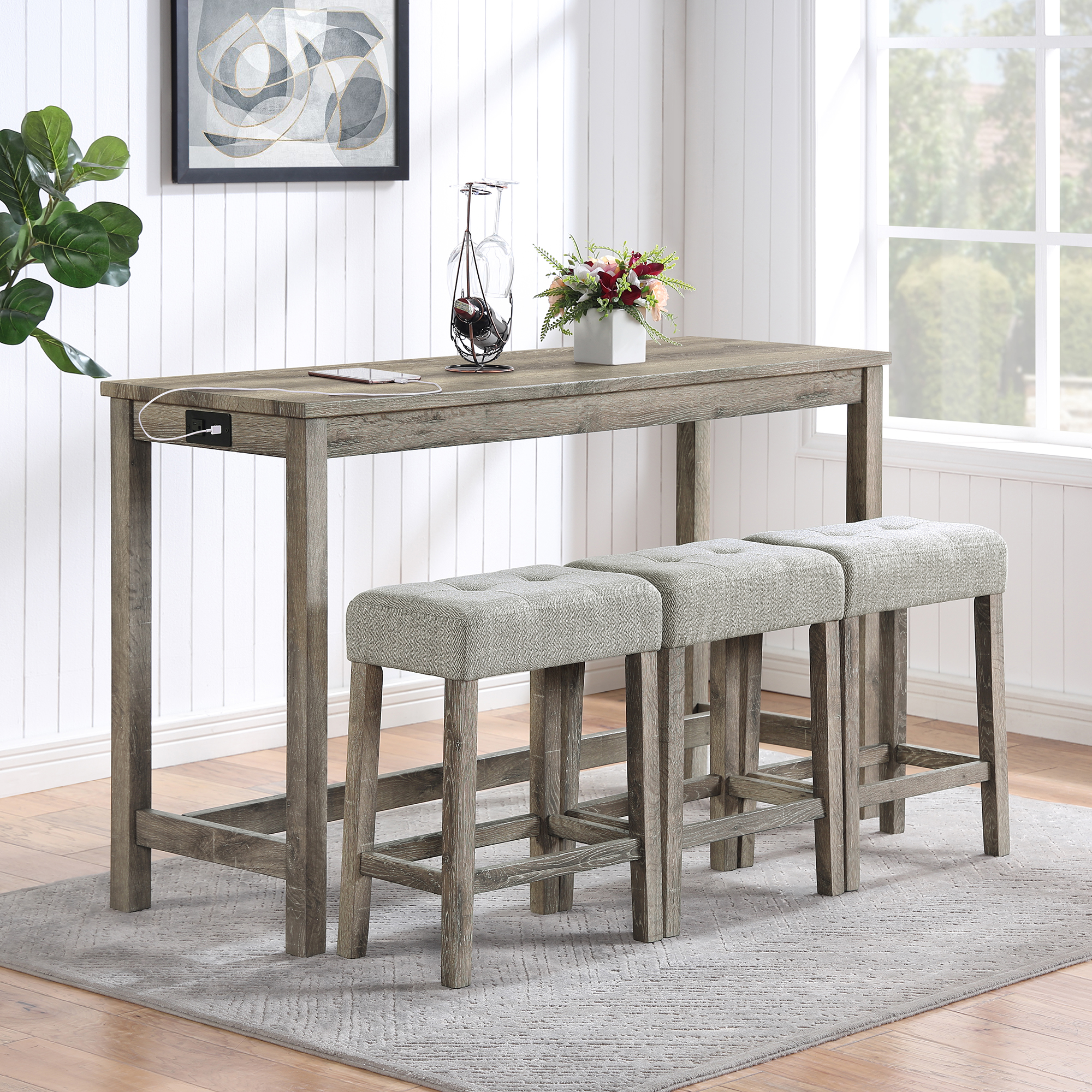 Bar Table Set with Power Outlet, Bar Table and Chairs Set, 4 Piece Dining Table Set, Industrial Breakfast Table Set, for Living Room, Dining Room, Game Room,