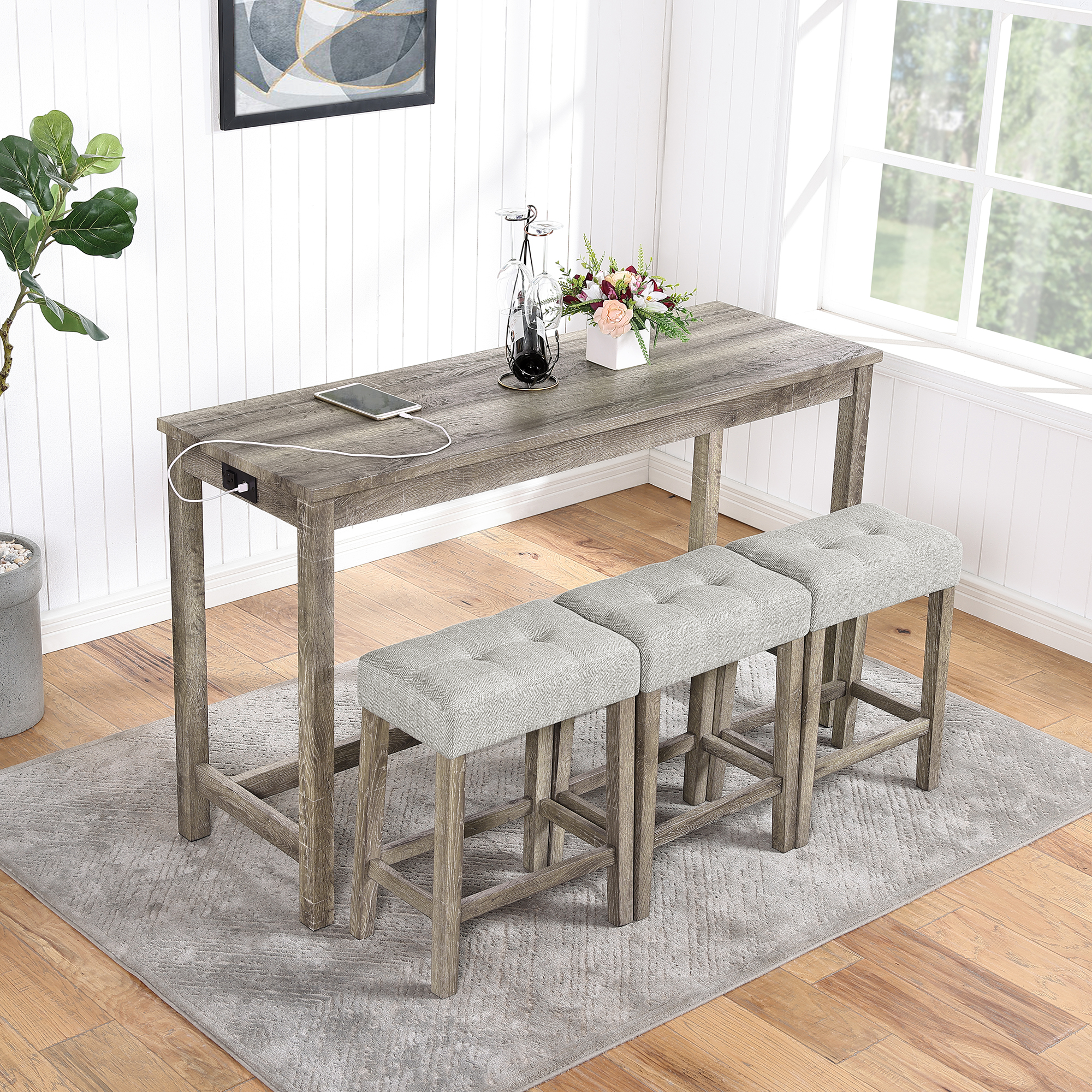 Bar Table Set with Power Outlet, Bar Table and Chairs Set, 4 Piece Dining Table Set, Industrial Breakfast Table Set, for Living Room, Dining Room, Game Room, - Image 3