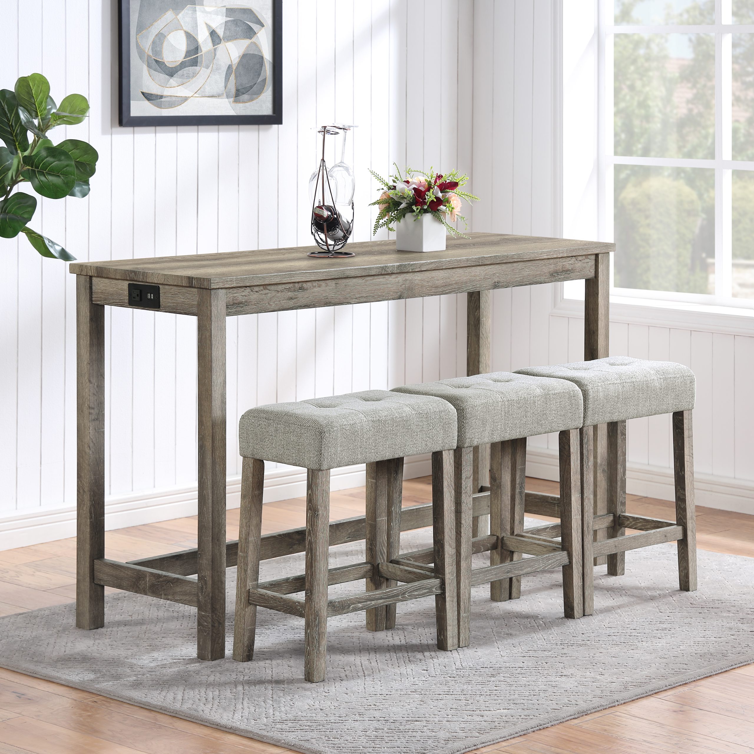 Bar Table Set with Power Outlet, Bar Table and Chairs Set, 4 Piece Dining Table Set, Industrial Breakfast Table Set, for Living Room, Dining Room, Game Room, - Image 4