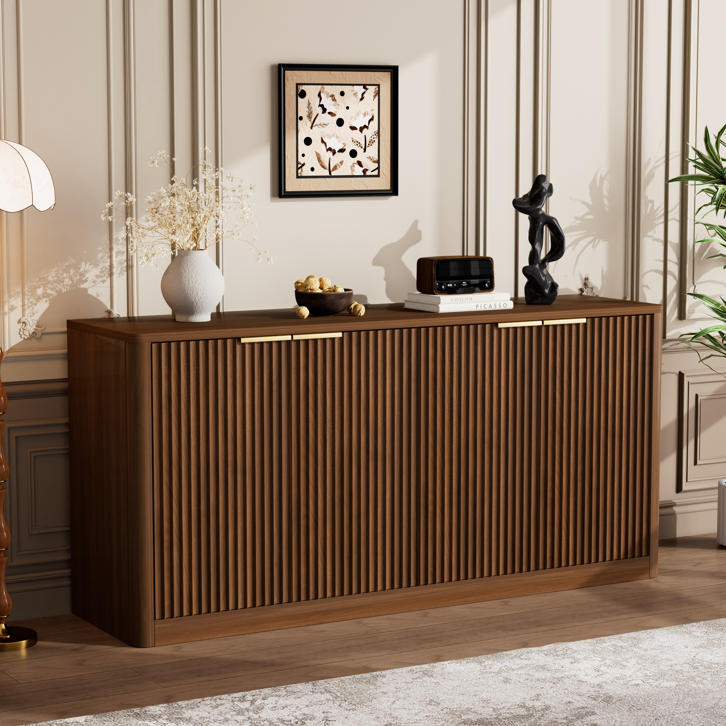 59-inch modern wavy sideboard, curved contour design storage cabinet, 4-door cabinet with storage function, suitable for kitchen/bedroom/living room, Walnut, 59.0"L x 15.7"W x 27.7"H - Image 2