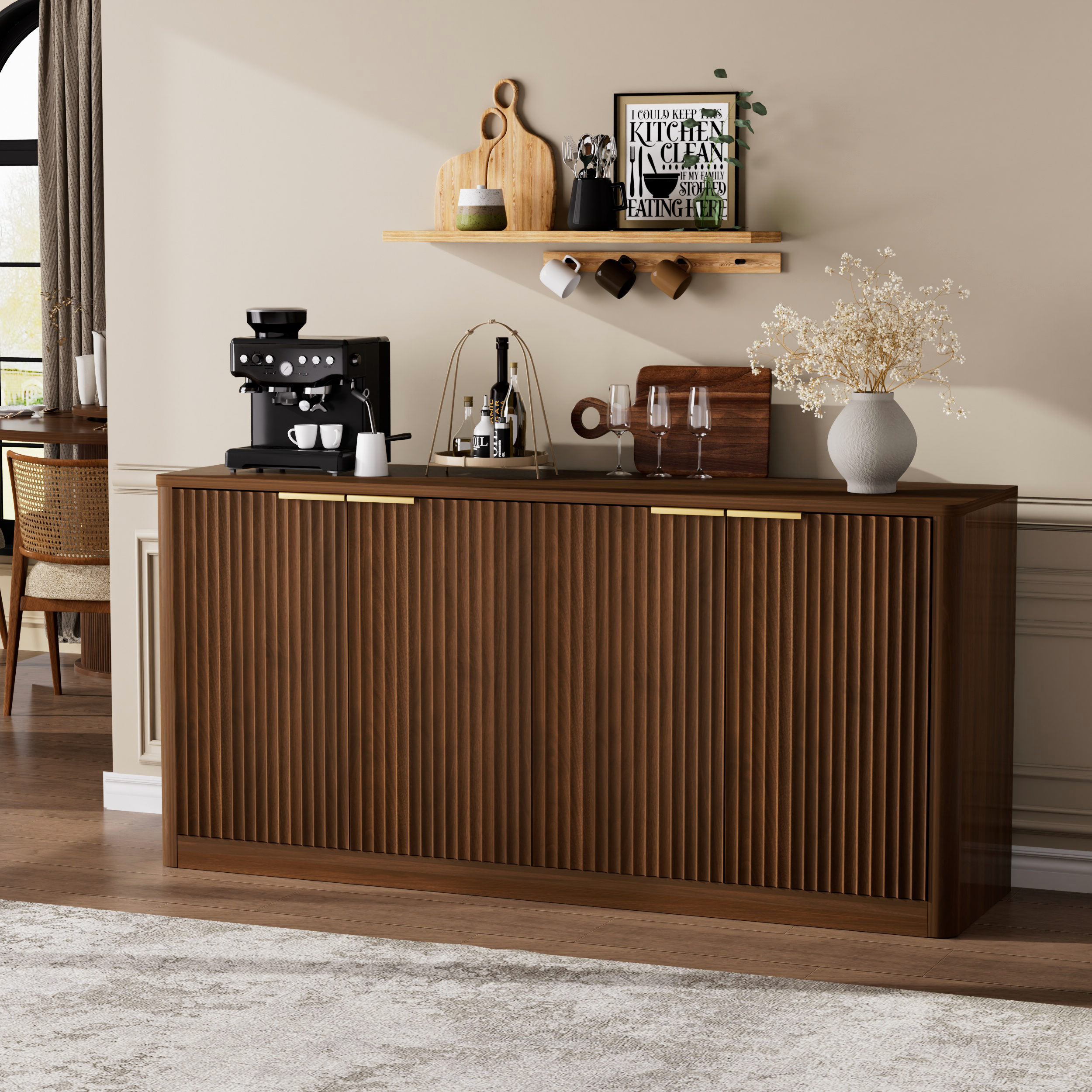 59-inch modern wavy sideboard, curved contour design storage cabinet, 4-door cabinet with storage function, suitable for kitchen/bedroom/living room, Walnut, 59.0"L x 15.7"W x 27.7"H - Image 3