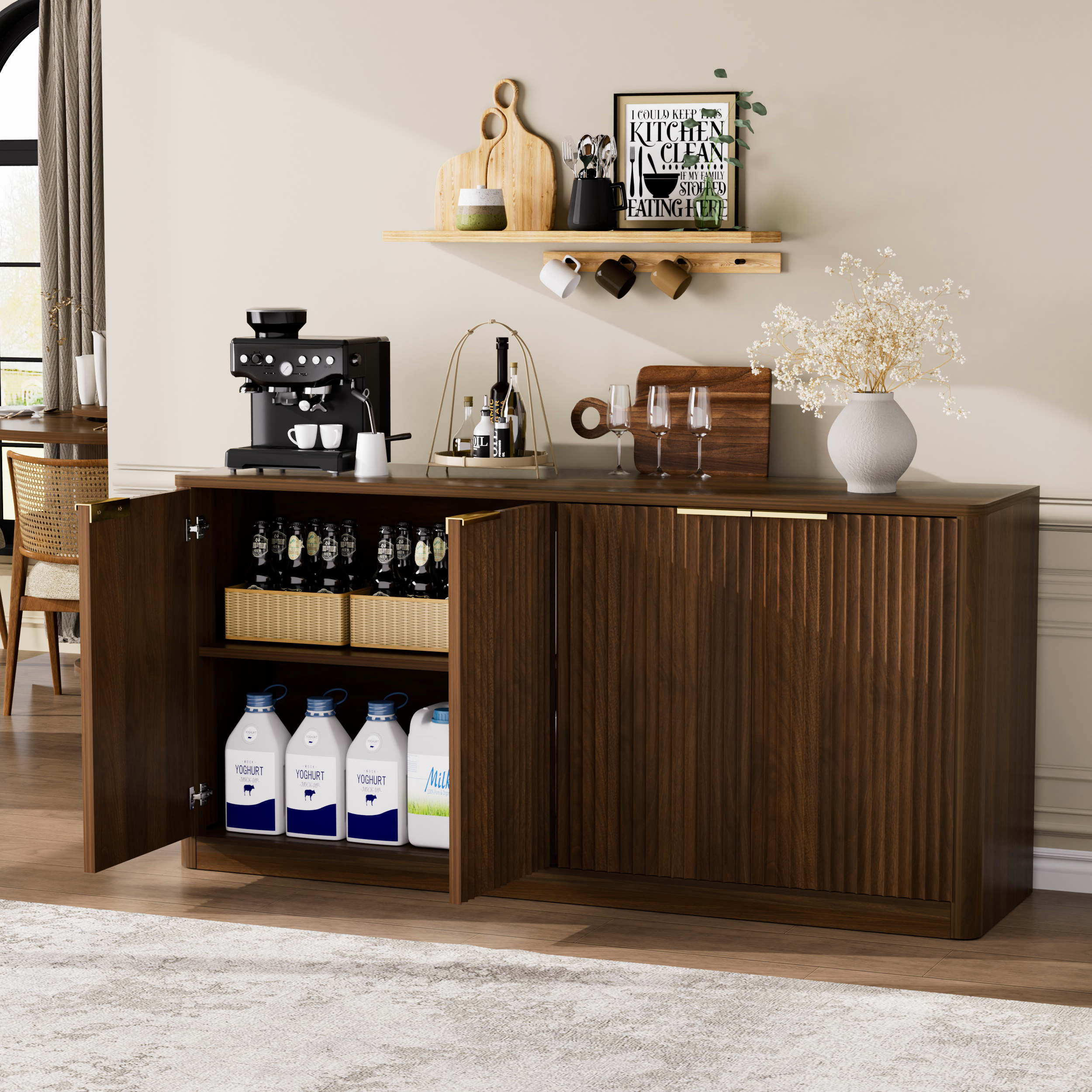 59-inch modern wavy sideboard, curved contour design storage cabinet, 4-door cabinet with storage function, suitable for kitchen/bedroom/living room, Walnut, 59.0"L x 15.7"W x 27.7"H - Image 4