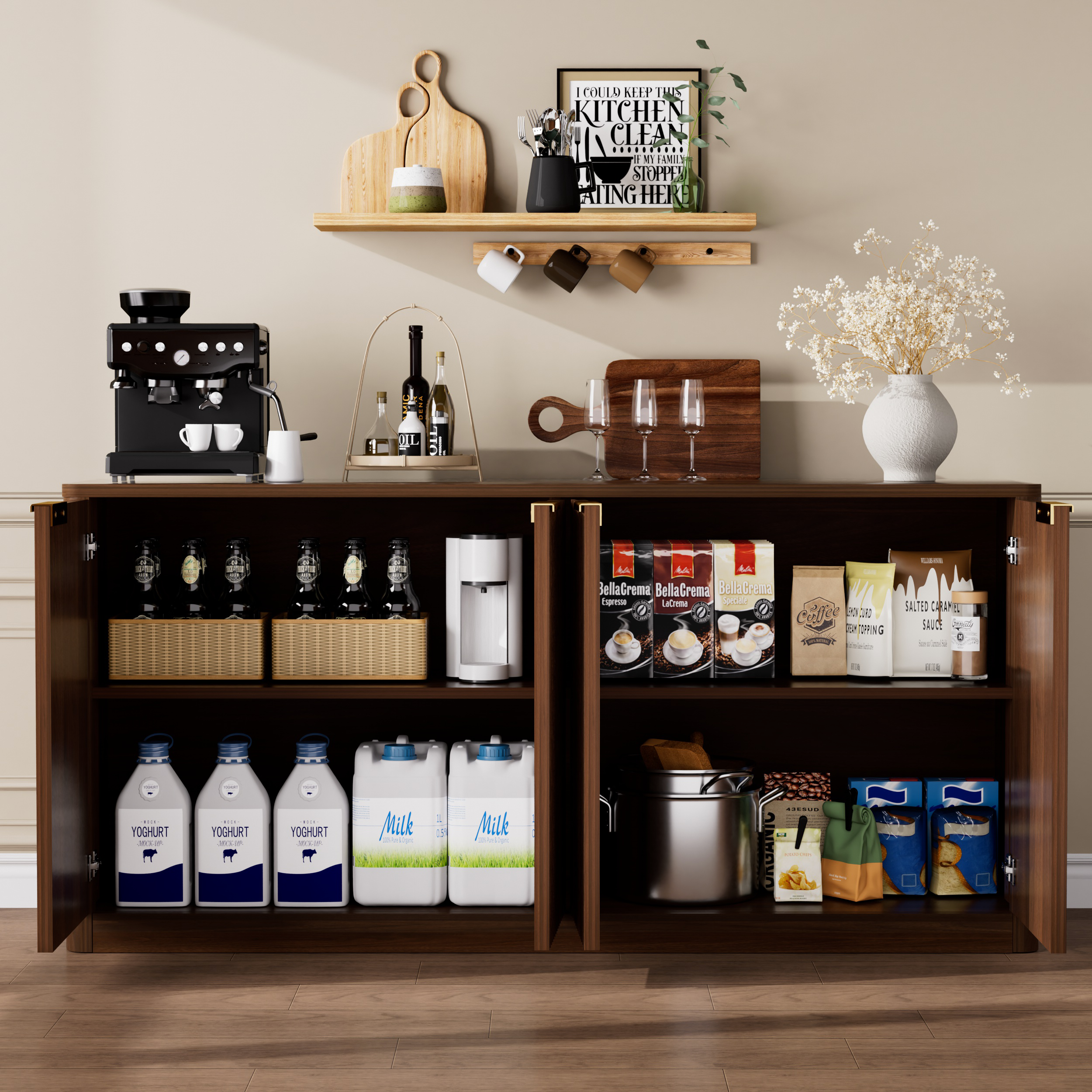 59-inch modern wavy sideboard, curved contour design storage cabinet, 4-door cabinet with storage function, suitable for kitchen/bedroom/living room, Walnut, 59.0"L x 15.7"W x 27.7"H - Image 5