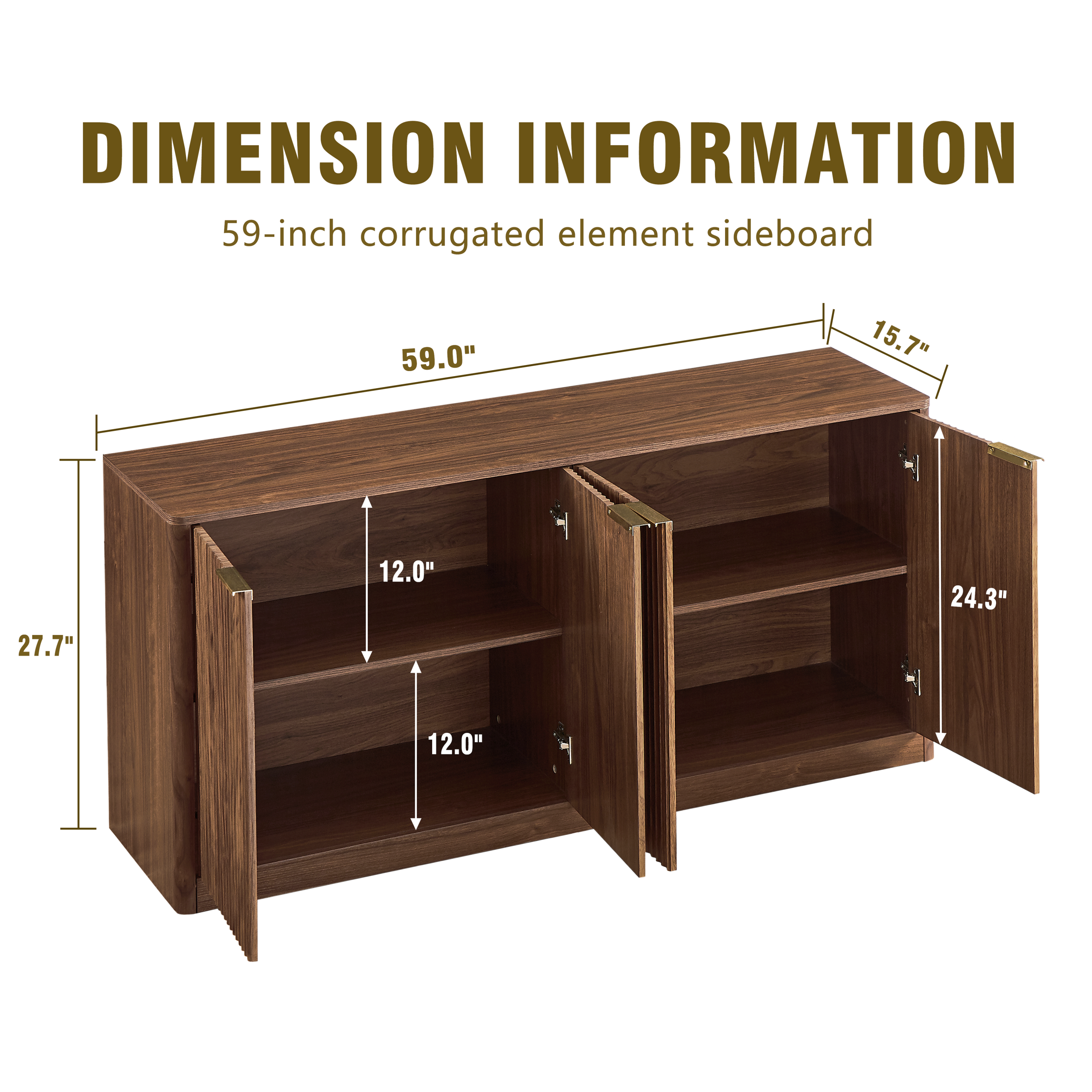 59-inch modern wavy sideboard, curved contour design storage cabinet, 4-door cabinet with storage function, suitable for kitchen/bedroom/living room, Walnut, 59.0"L x 15.7"W x 27.7"H - Image 6