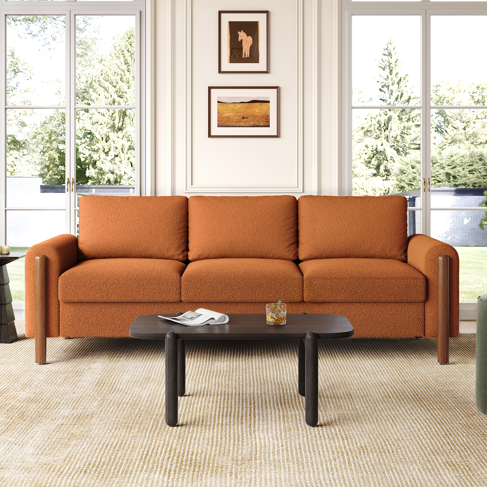 83.86" 3-Seater Sofa, Curved Armrest with Integrated Solid Wood Legs, Teddy Velvet Fabric, High Weight Capacity (250 lbs/seat), Durable Solid Wood Frame,Orange - Image 2