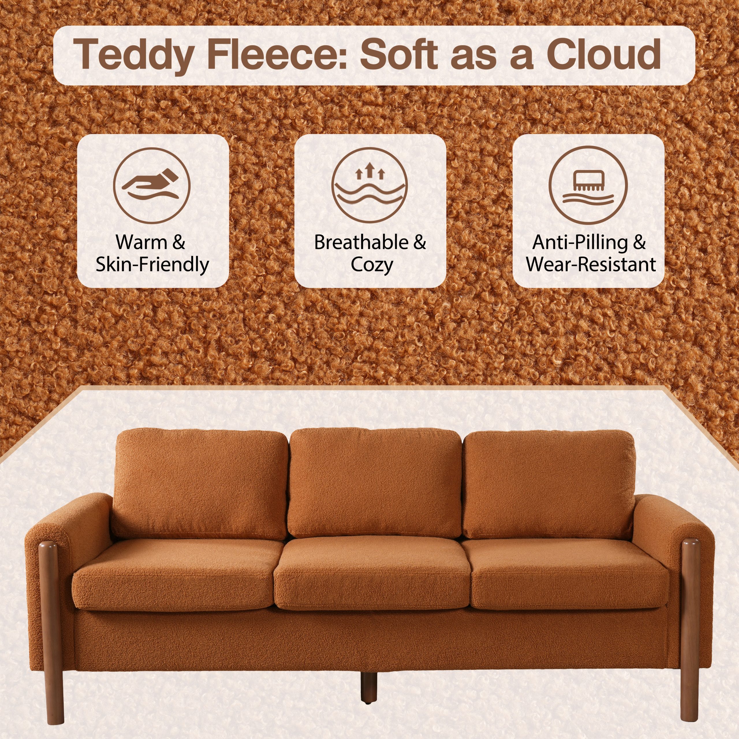 83.86" 3-Seater Sofa, Curved Armrest with Integrated Solid Wood Legs, Teddy Velvet Fabric, High Weight Capacity (250 lbs/seat), Durable Solid Wood Frame,Orange - Image 3