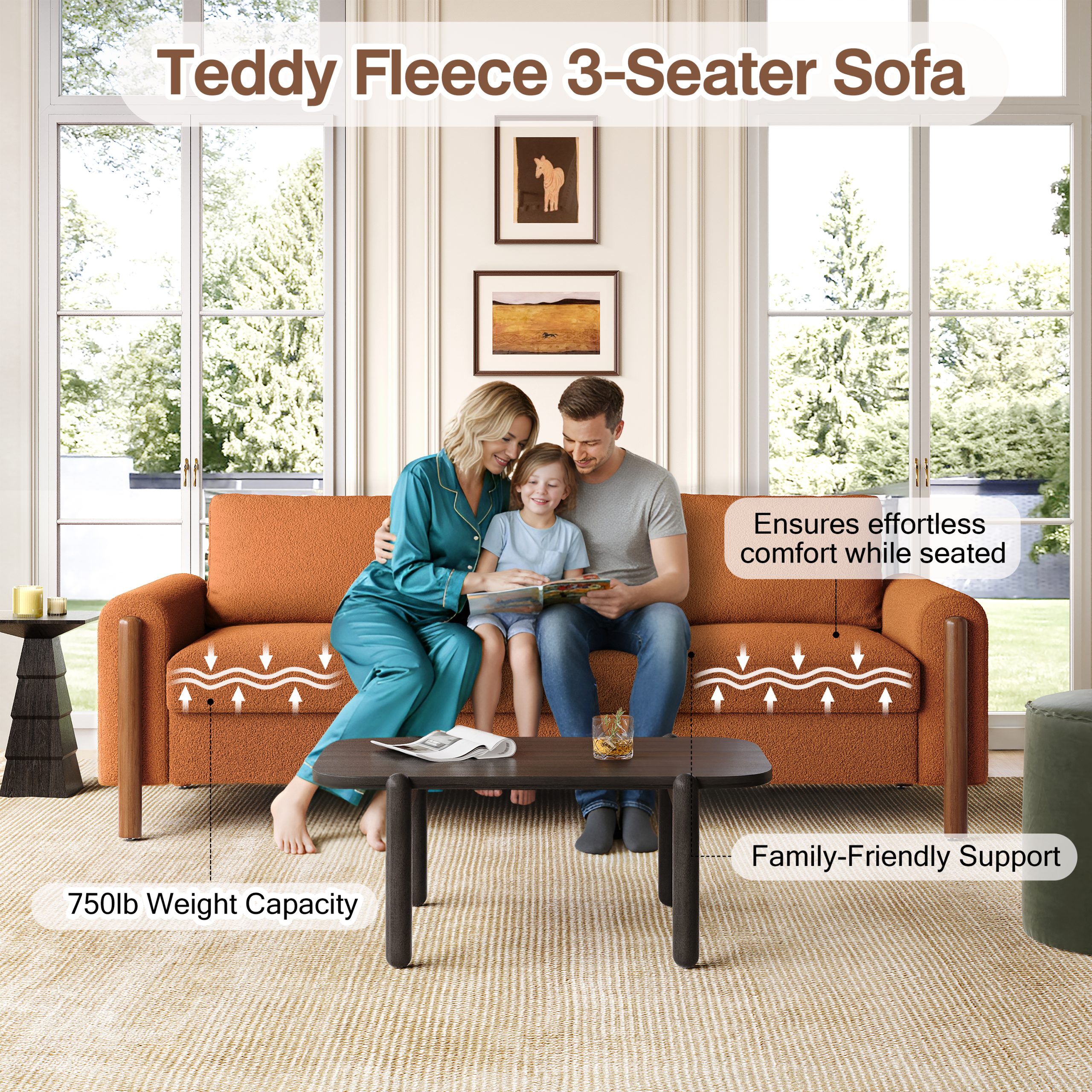83.86" 3-Seater Sofa, Curved Armrest with Integrated Solid Wood Legs, Teddy Velvet Fabric, High Weight Capacity (250 lbs/seat), Durable Solid Wood Frame,Orange - Image 4