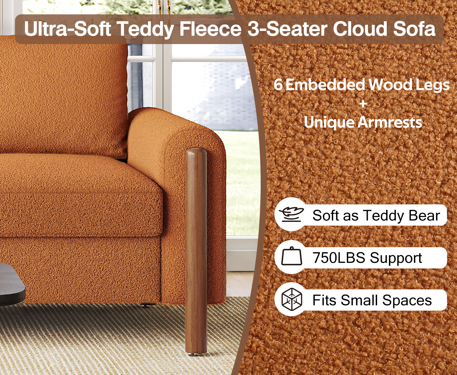 83.86" 3-Seater Sofa, Curved Armrest with Integrated Solid Wood Legs, Teddy Velvet Fabric, High Weight Capacity (250 lbs/seat), Durable Solid Wood Frame,Orange - Image 5