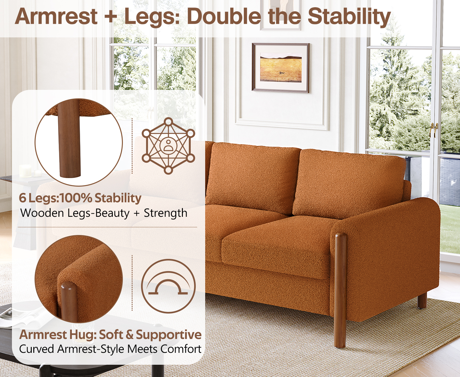 83.86" 3-Seater Sofa, Curved Armrest with Integrated Solid Wood Legs, Teddy Velvet Fabric, High Weight Capacity (250 lbs/seat), Durable Solid Wood Frame,Orange - Image 6