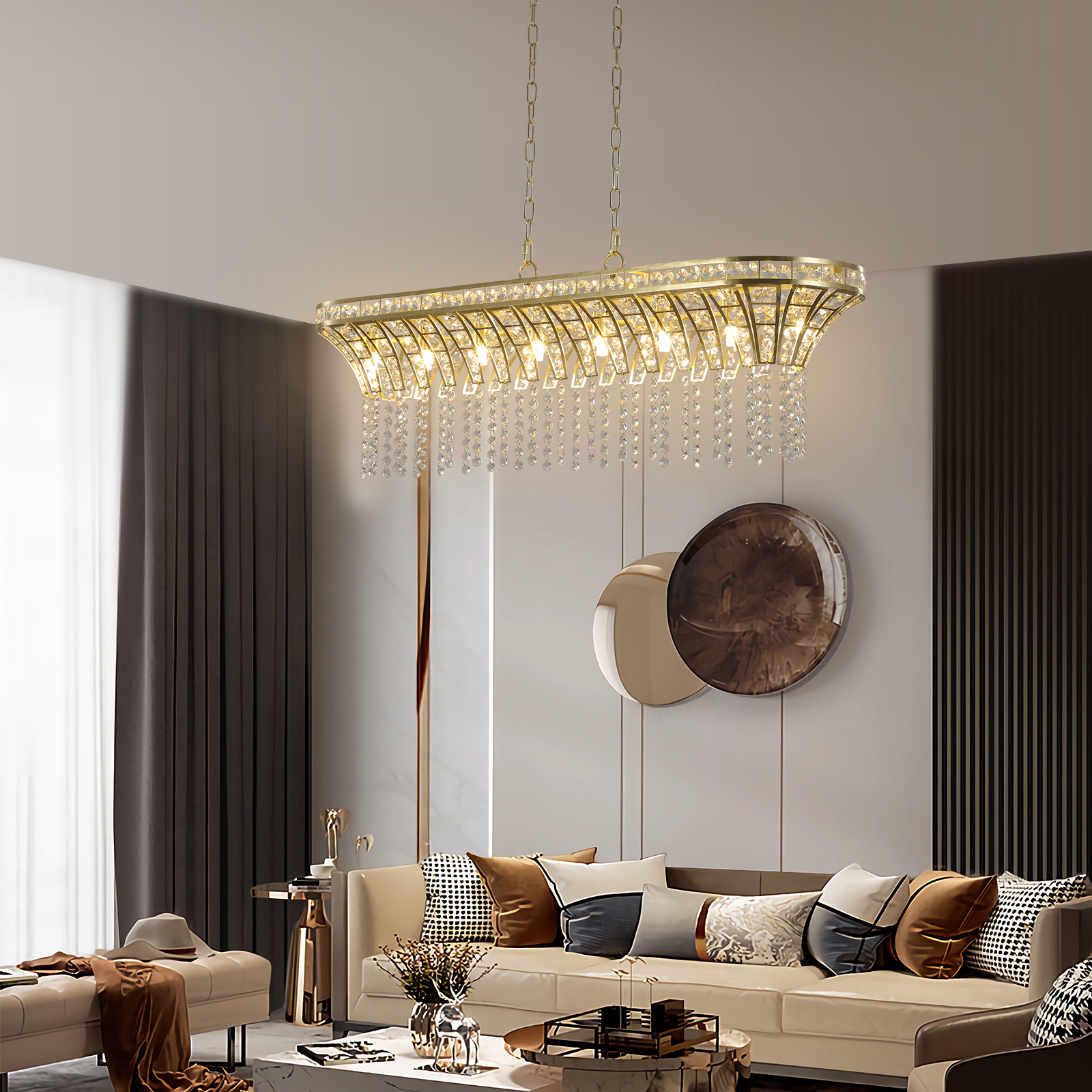 39" Modern Crystal Linear Rectangle Chandelier with Gold Finish, Elegant Pendant Light with Cascading Beads, for Dining Room, Living Room, or Foyer (Bulb Not Included) - Image 2
