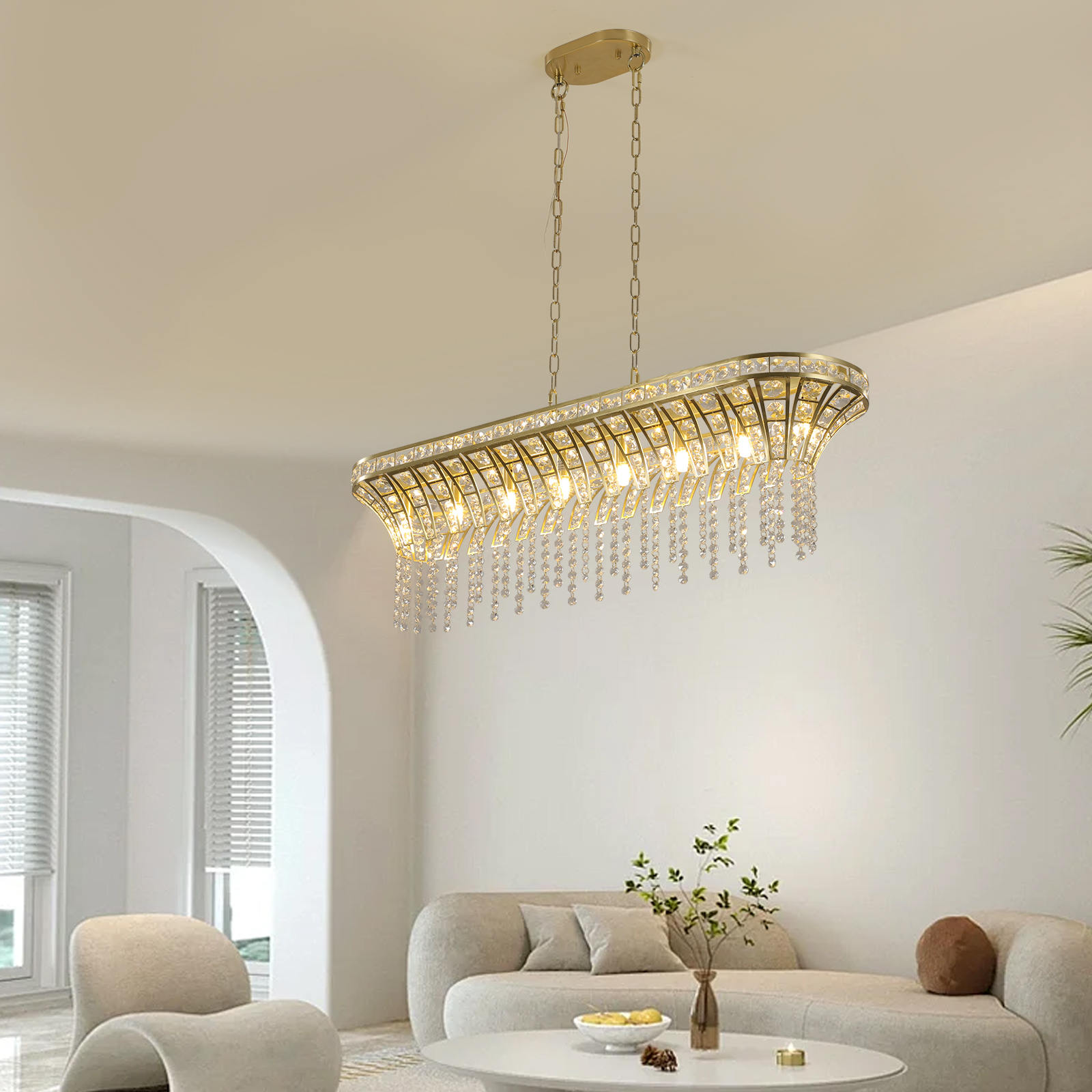 39" Modern Crystal Linear Rectangle Chandelier with Gold Finish, Elegant Pendant Light with Cascading Beads, for Dining Room, Living Room, or Foyer (Bulb Not Included) - Image 3