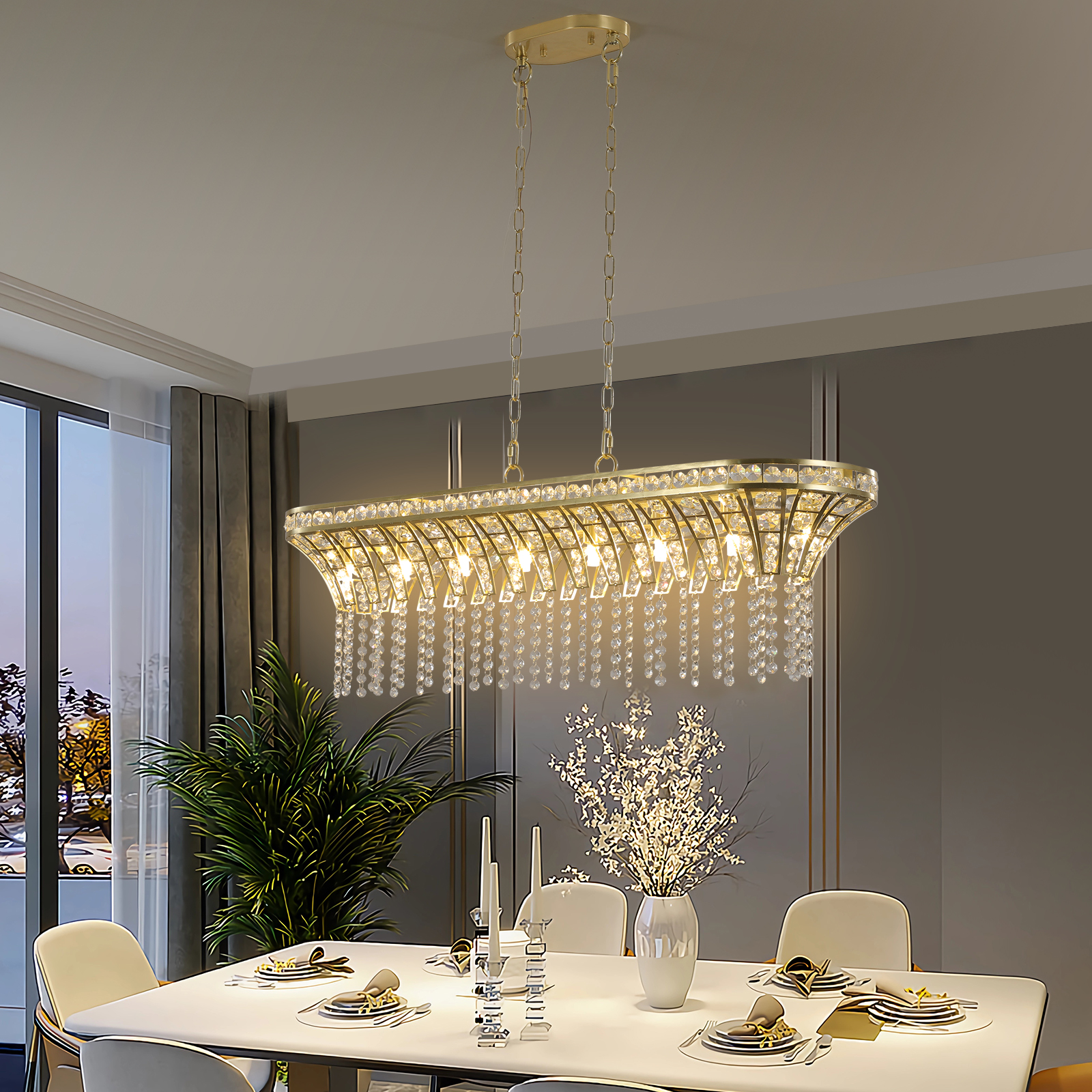 39" Modern Crystal Linear Rectangle Chandelier with Gold Finish, Elegant Pendant Light with Cascading Beads, for Dining Room, Living Room, or Foyer (Bulb Not Included) - Image 4