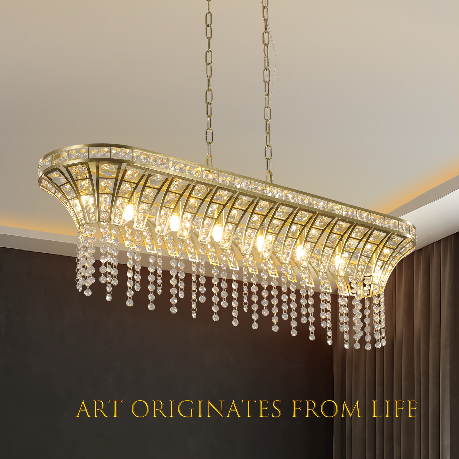39" Modern Crystal Linear Rectangle Chandelier with Gold Finish, Elegant Pendant Light with Cascading Beads, for Dining Room, Living Room, or Foyer (Bulb Not Included) - Image 5