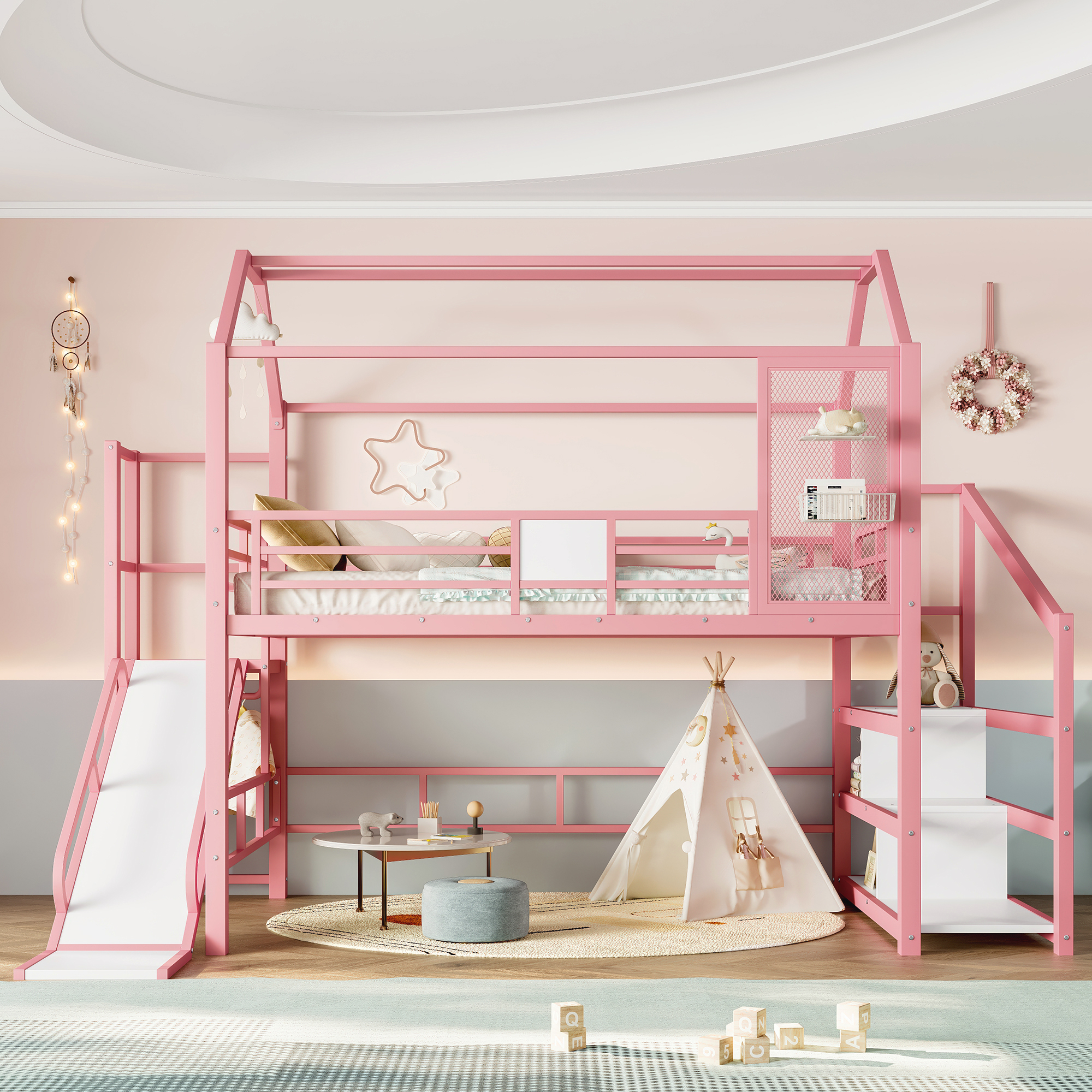 Full House Loft bed with Slide and Stairs, Metal Playhouse Bed with Storage Shelves, House-shaped Roof and Noise-free Design, Pink - Image 2