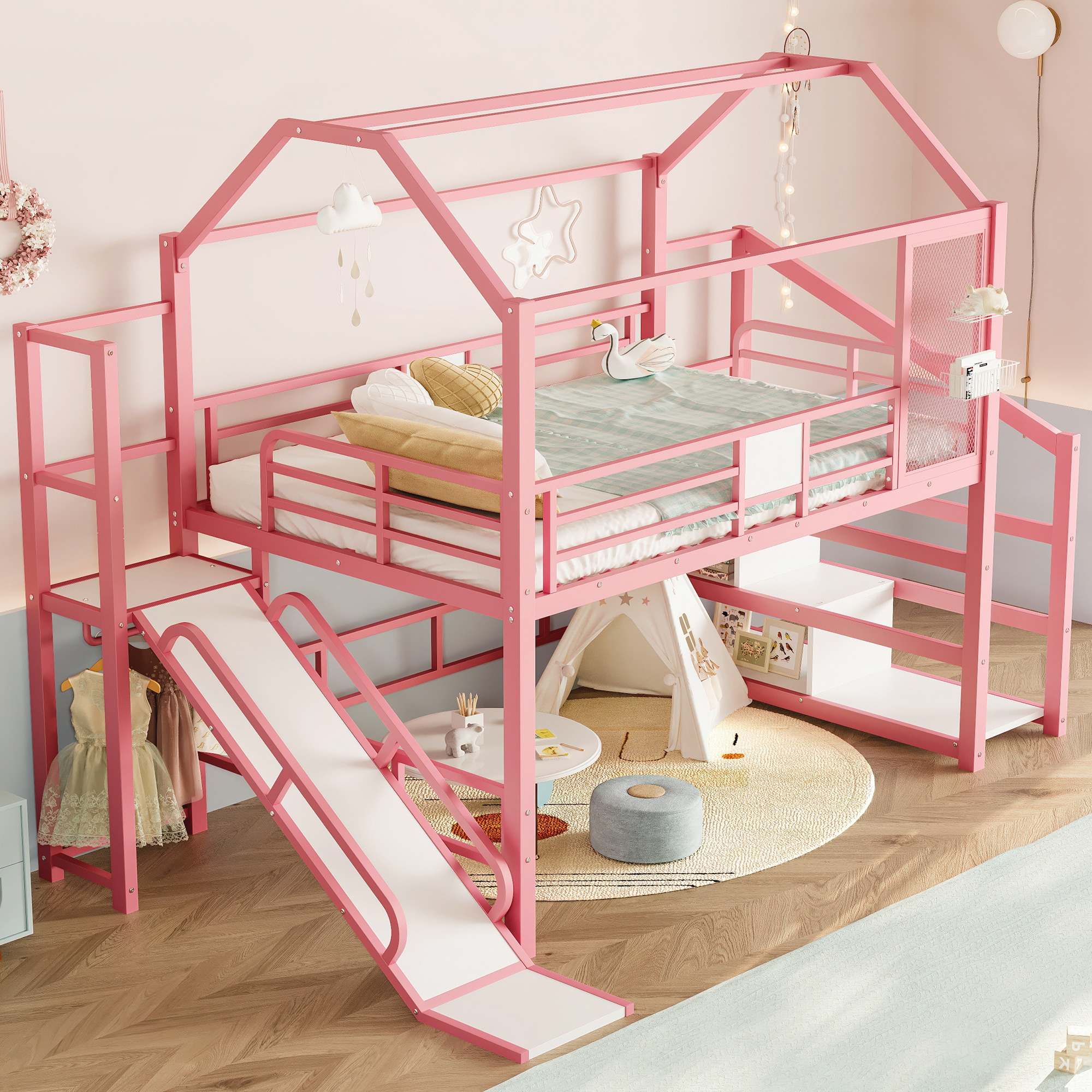 Full House Loft bed with Slide and Stairs, Metal Playhouse Bed with Storage Shelves, House-shaped Roof and Noise-free Design, Pink - Image 3