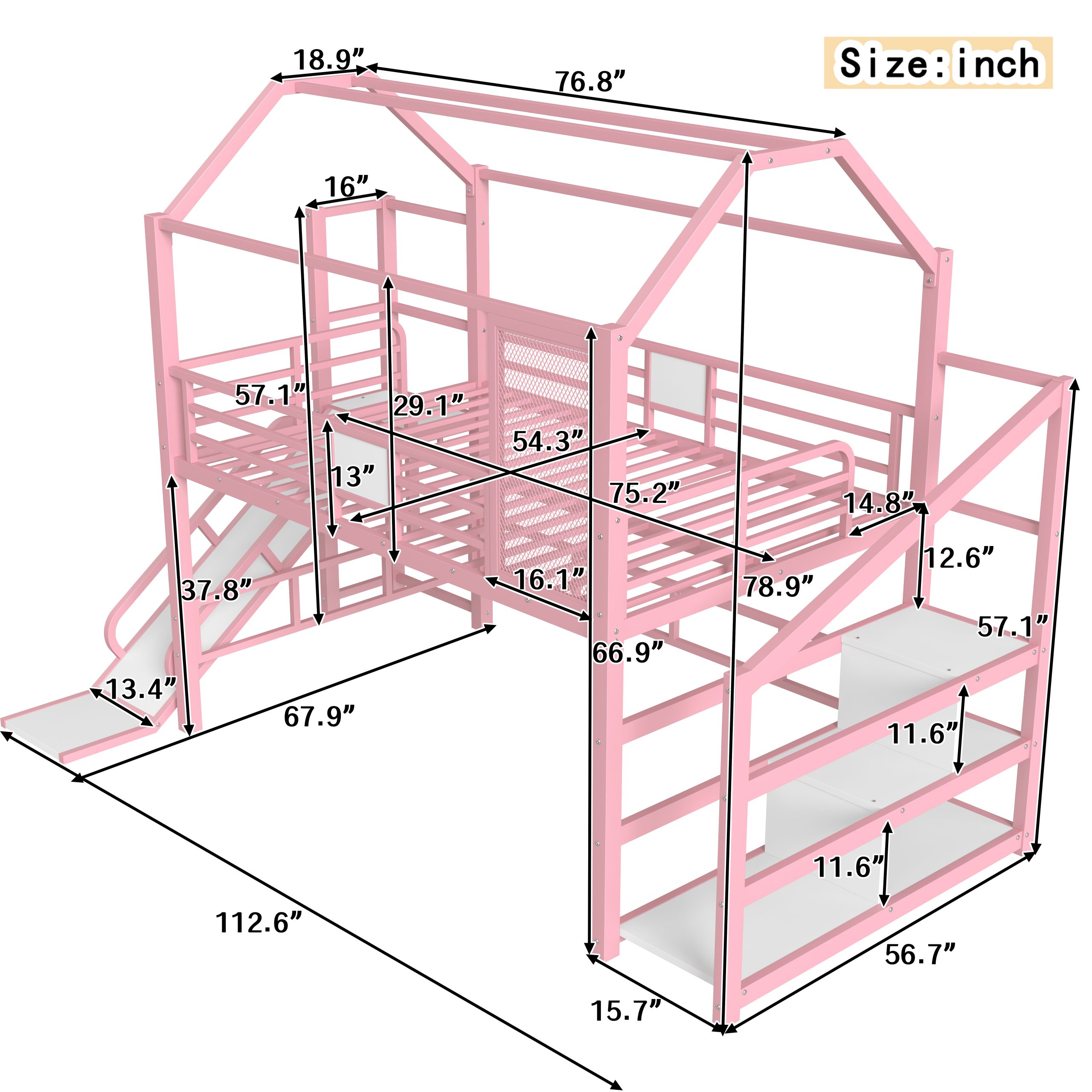 Full House Loft bed with Slide and Stairs, Metal Playhouse Bed with Storage Shelves, House-shaped Roof and Noise-free Design, Pink - Image 4