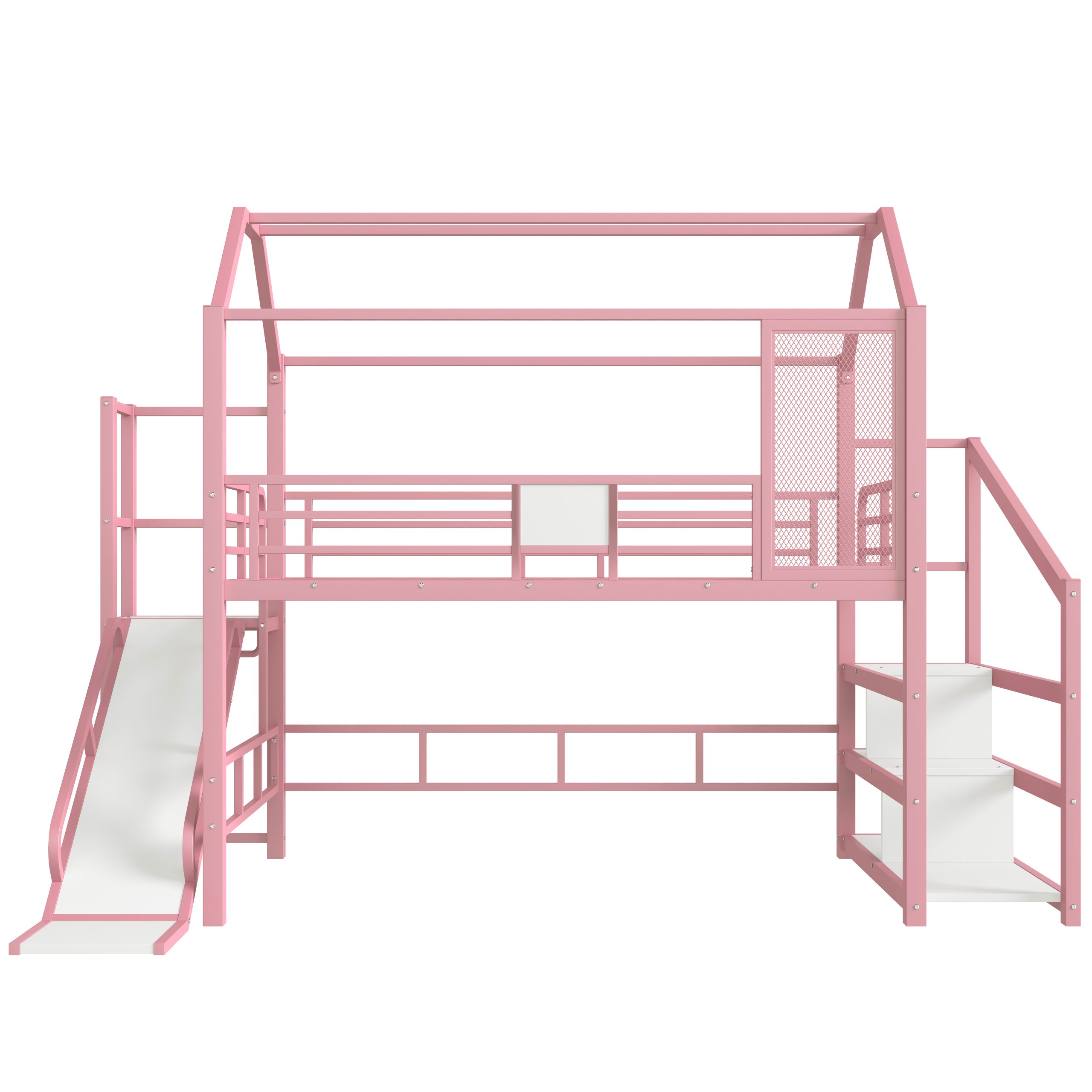 Full House Loft bed with Slide and Stairs, Metal Playhouse Bed with Storage Shelves, House-shaped Roof and Noise-free Design, Pink - Image 5