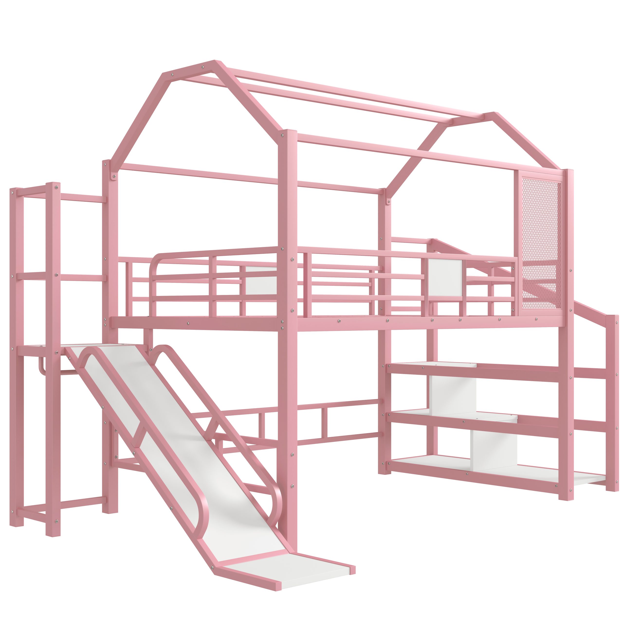 Full House Loft bed with Slide and Stairs, Metal Playhouse Bed with Storage Shelves, House-shaped Roof and Noise-free Design, Pink - Image 6