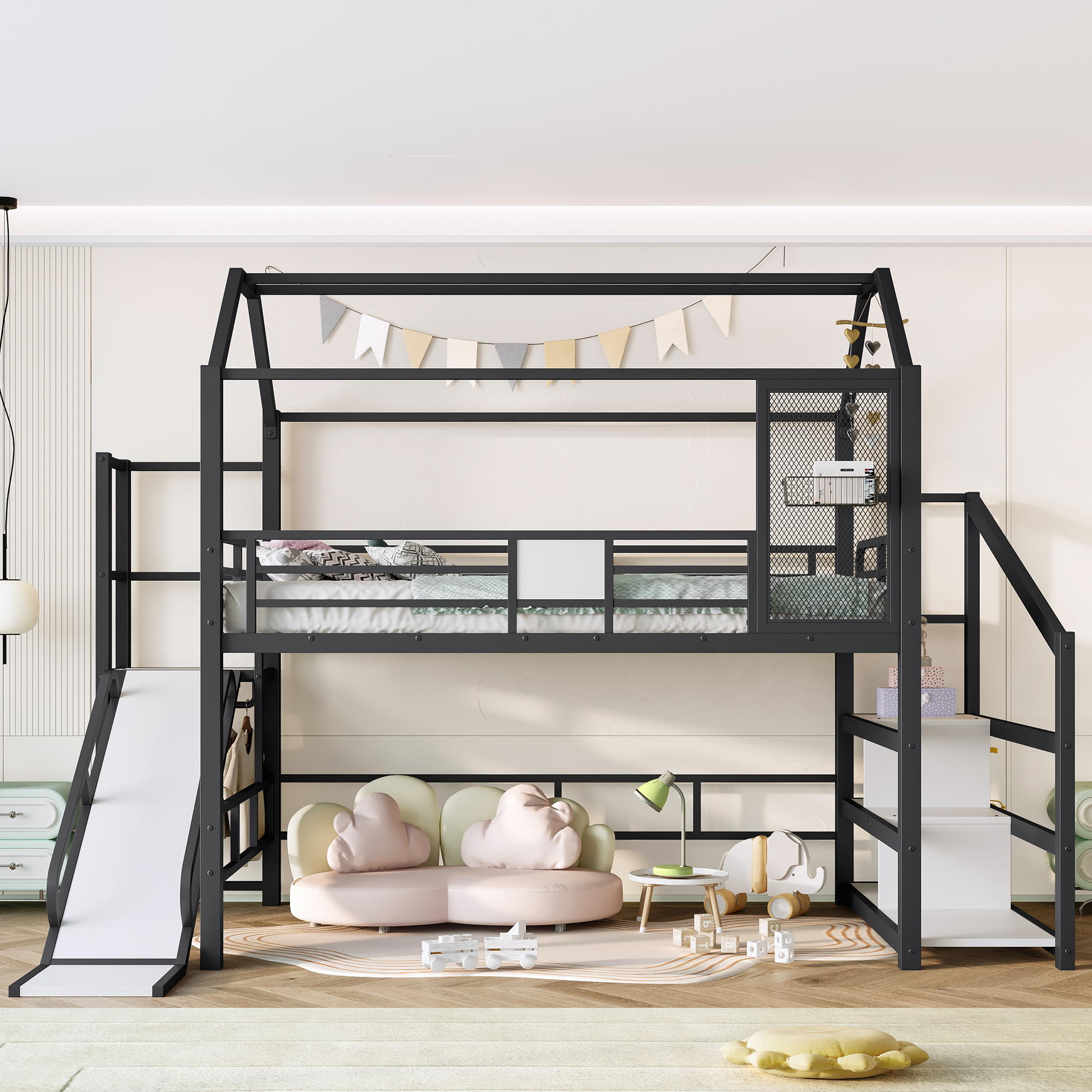 Full House Loft bed with Slide and Stairs, Metal Playhouse Bed with Storage Shelves, House-shaped Roof and Noise-free Design, Black - Image 2