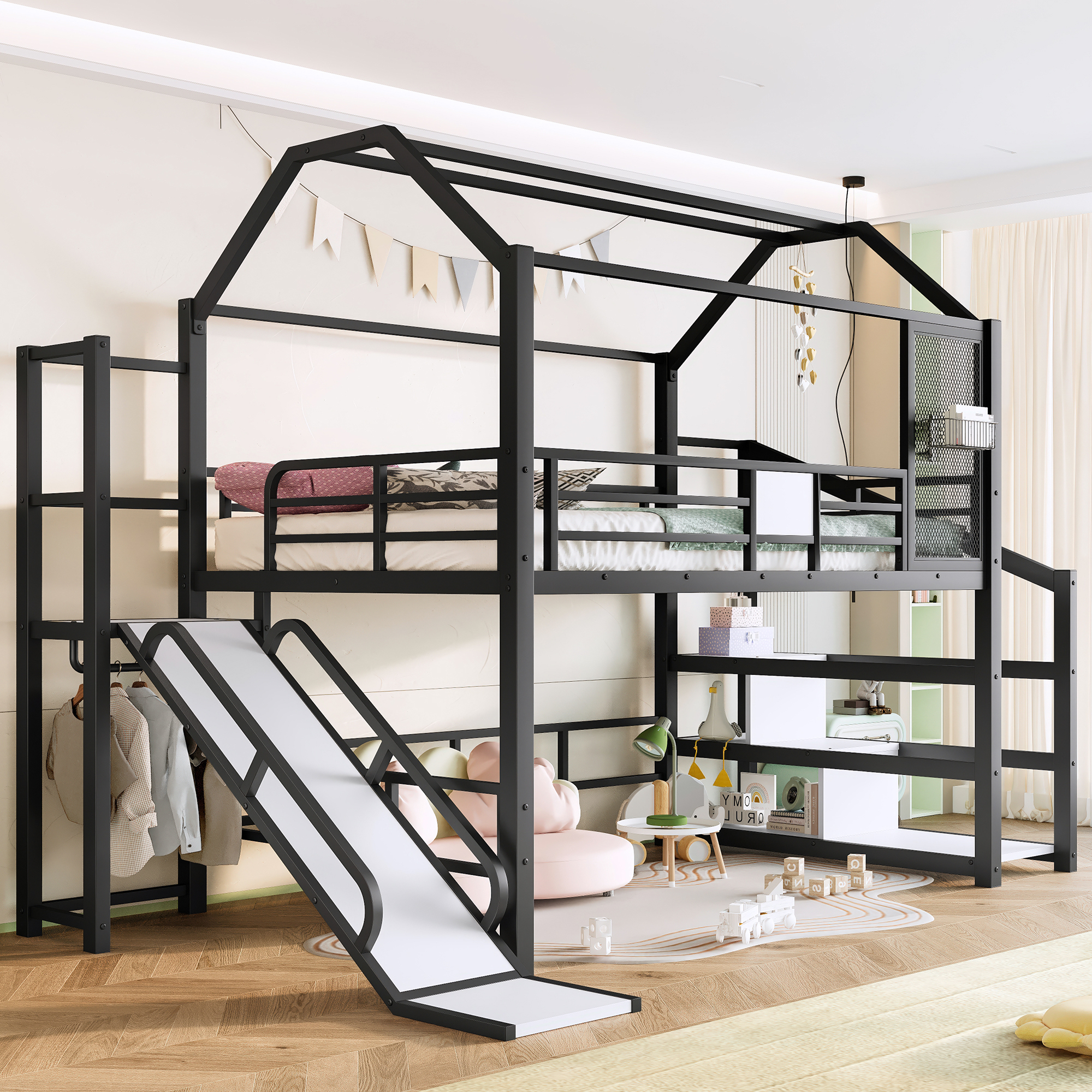 Full House Loft bed with Slide and Stairs, Metal Playhouse Bed with Storage Shelves, House-shaped Roof and Noise-free Design, Black
